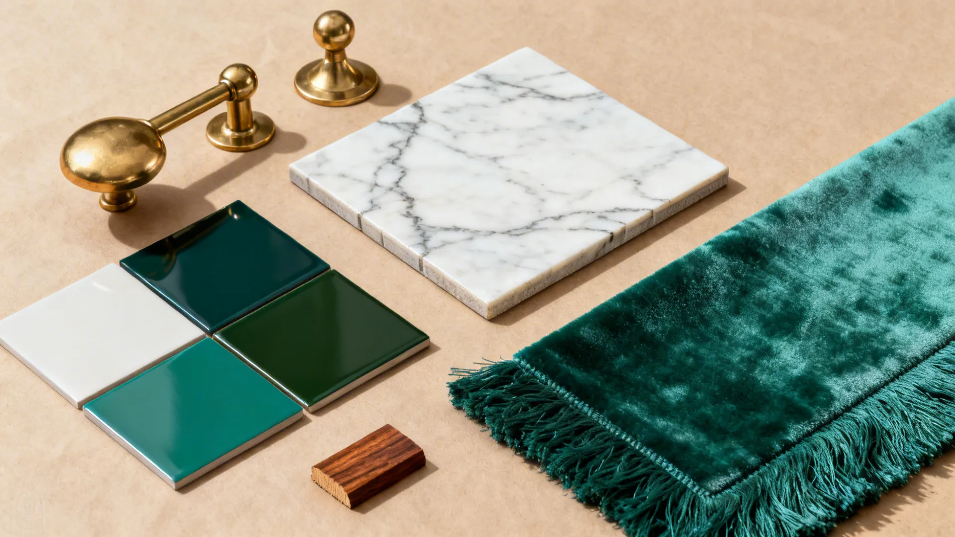 Flatlay of brass, lacquer, marble and emerald velvet samples for Art Deco design.