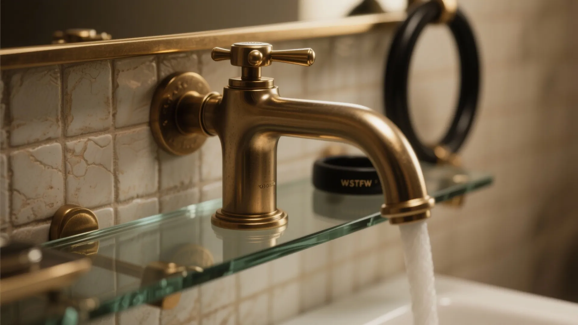 Close up of a classic gold faucet with running water on a glass shelf with tiles