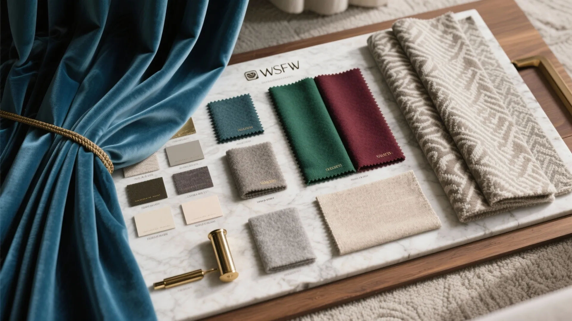 Top-down flatlay of velvet jewel tones, neutral wool and linen swatches, subtle jacquard patterns, and brass and nickel samples