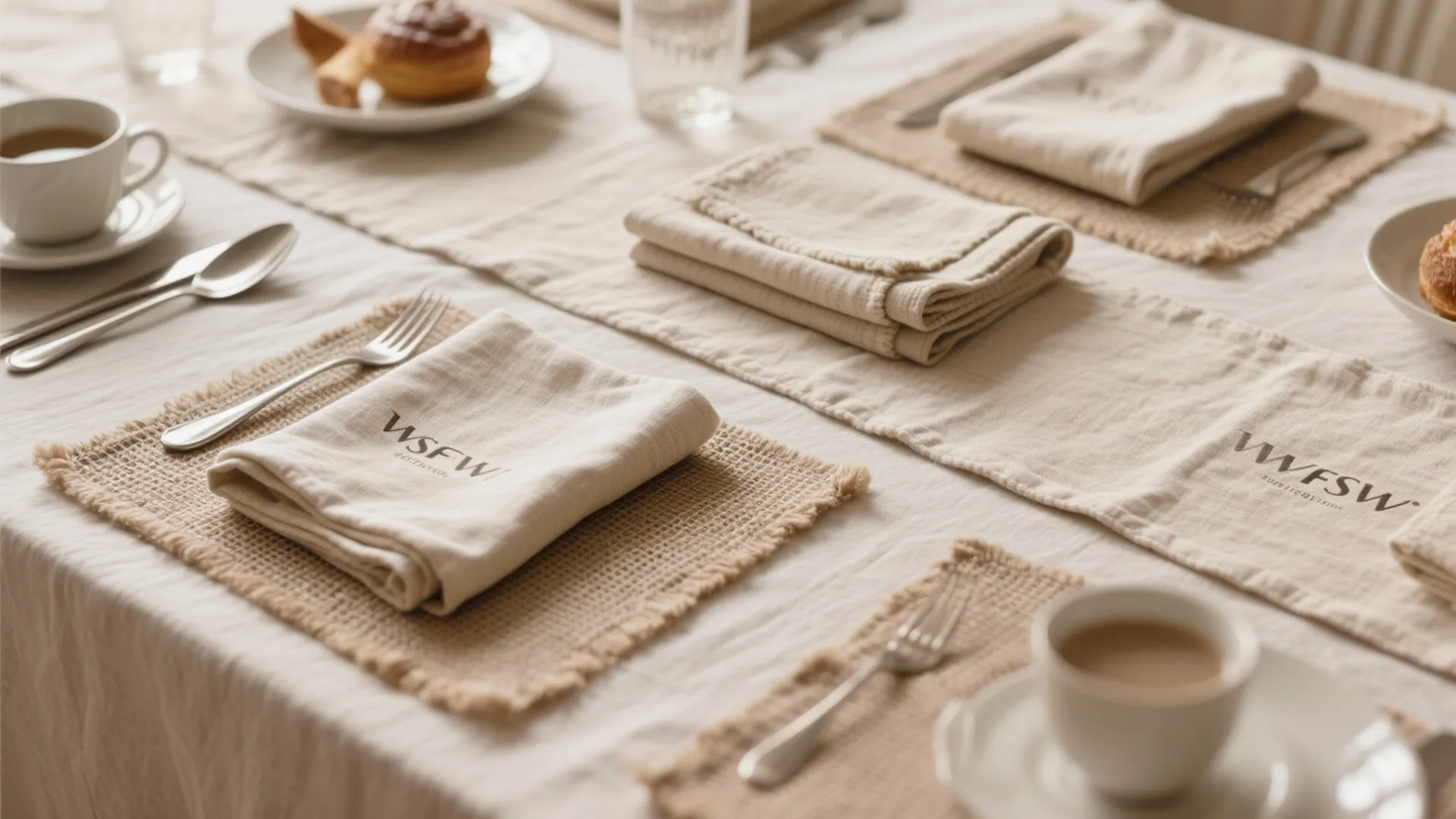 Elegant dining table setting with beige linen napkins, textured placemats, white coffee cups, and silverware