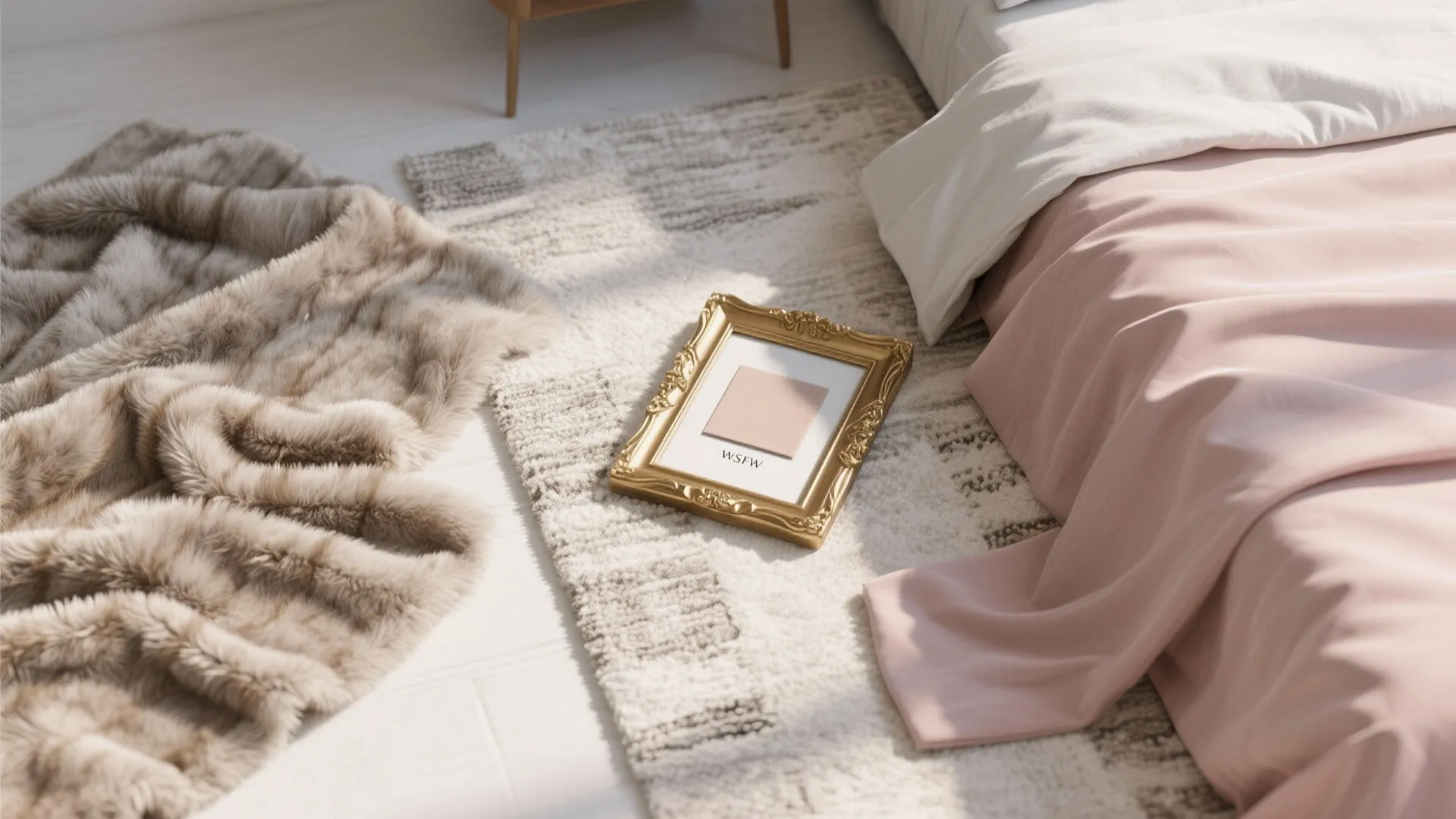 Close up view of a pink bed with a gold picture frame on a patterned rug