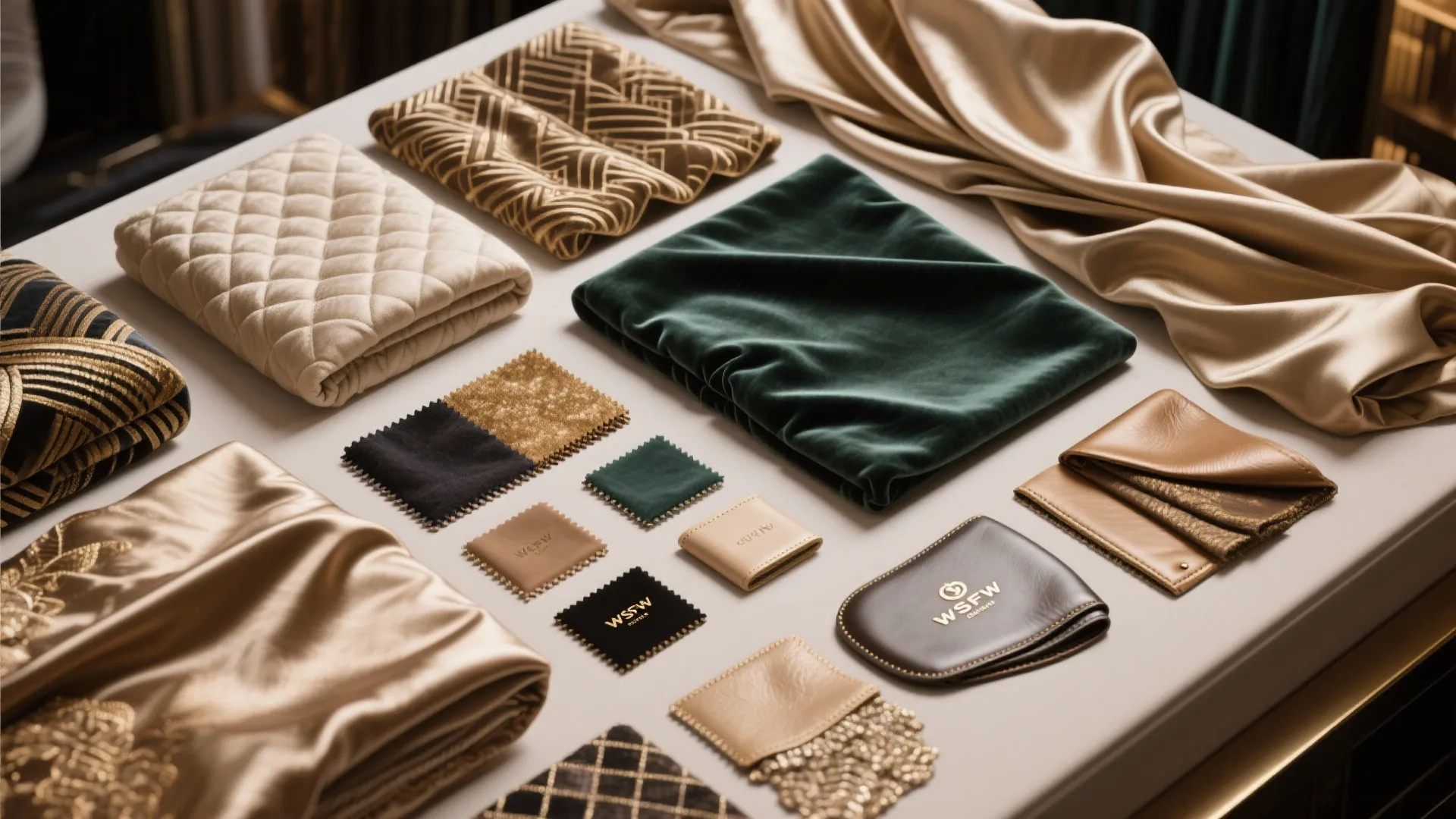 Flatlay of velvet, silk, and leather fabrics for VIP decor
