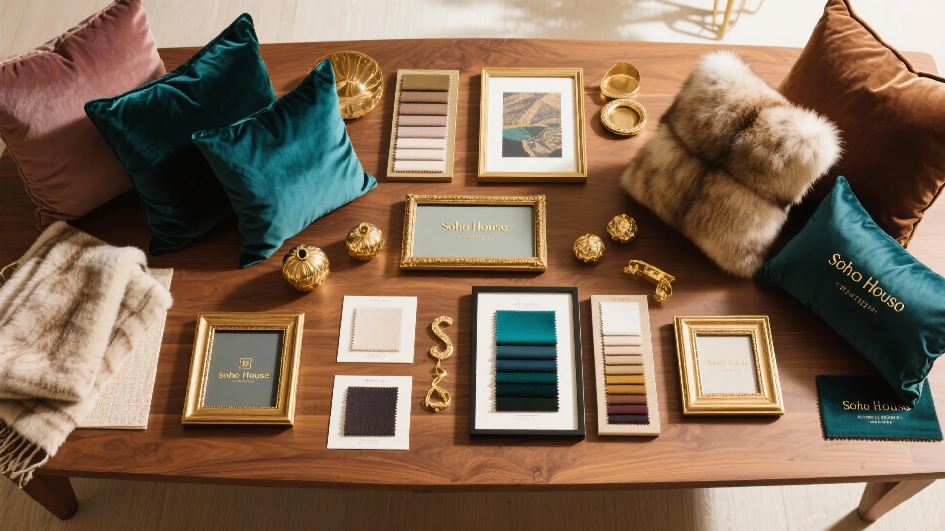 Interior design mood board on wooden table with velvet pillows fabric samples and gold frames