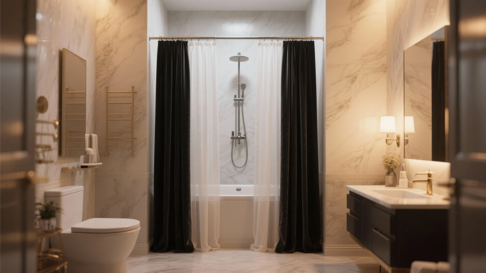 Luxury marble bathroom with black and white curtains shower area golden accents and modern wash basin
