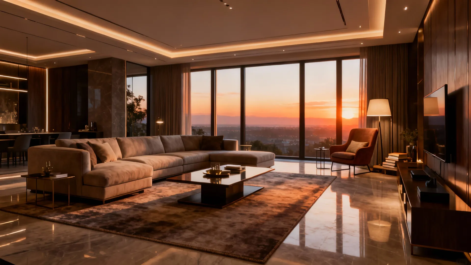 Spacious living room with sectional, large coffee table, reading nook, and broad rug