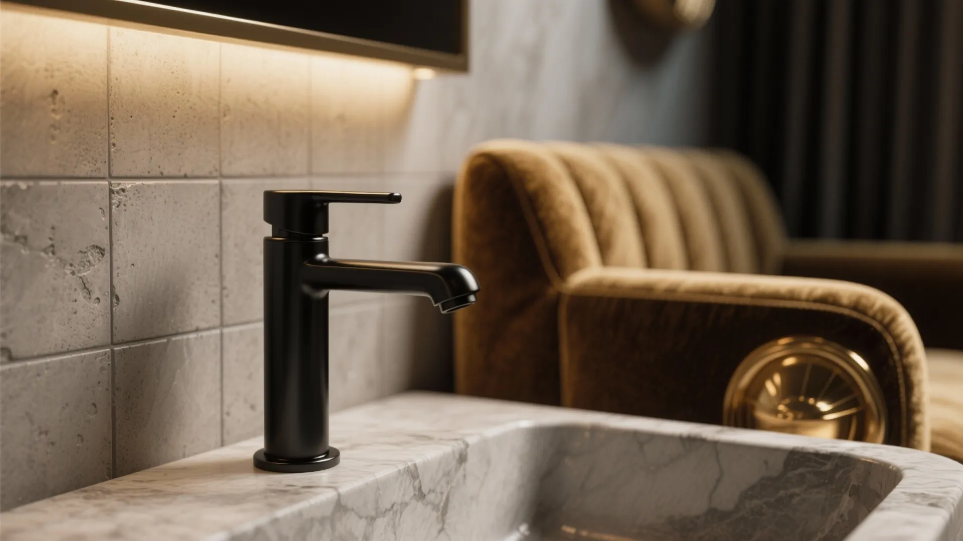 Macro shot of velvet, matte black, stone, and brass bathroom materials.