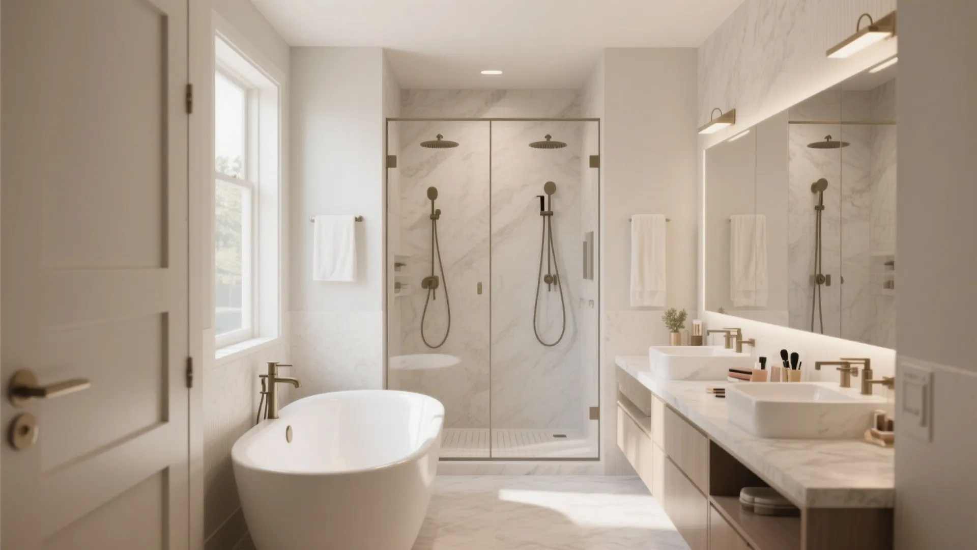 Modern white bathroom featuring a freestanding bathtub glass shower double sinks large mirrors and marble walls