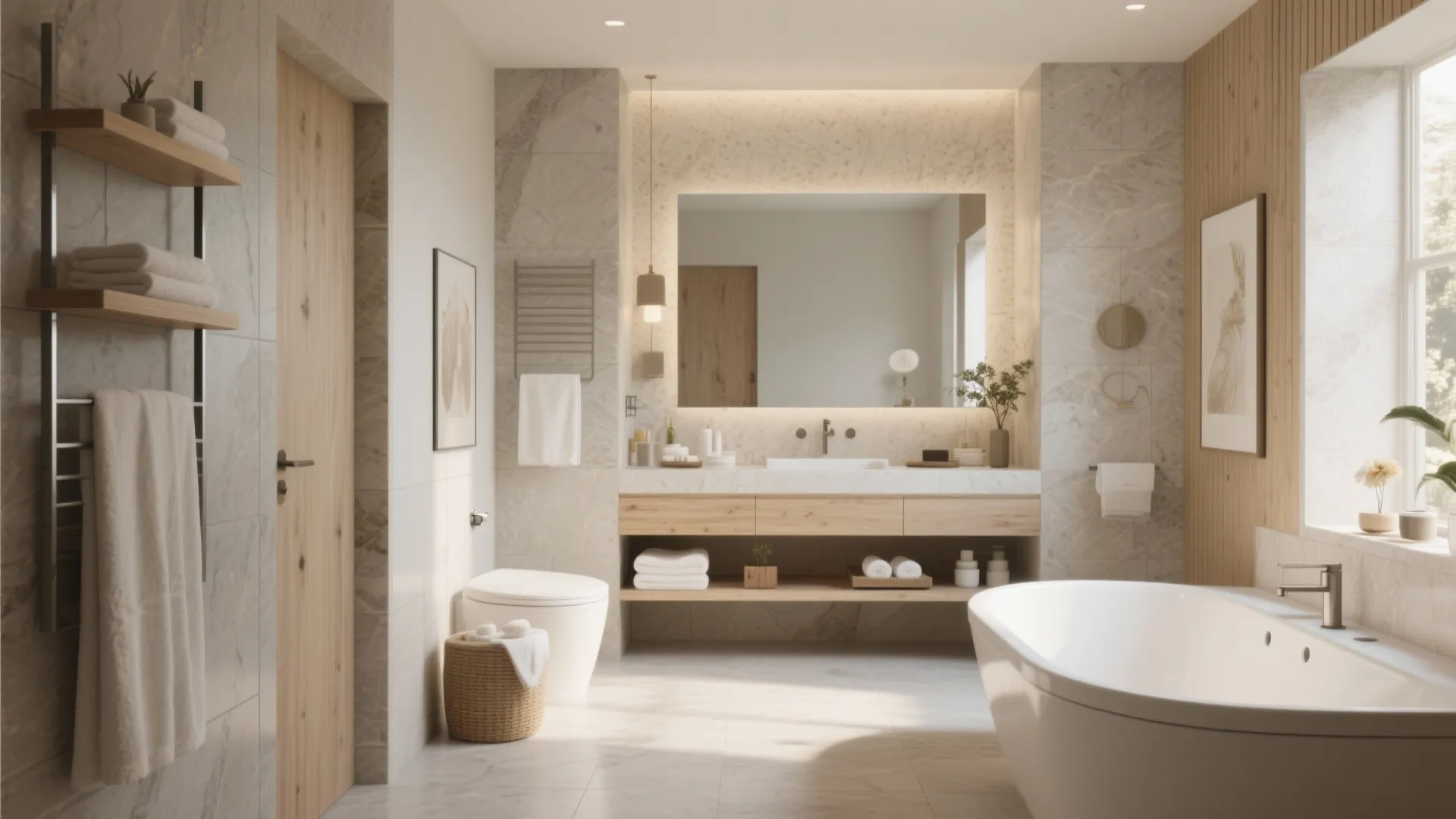Modern luxury bathroom with white bathtub marble walls wooden vanity large mirror and bright natural light