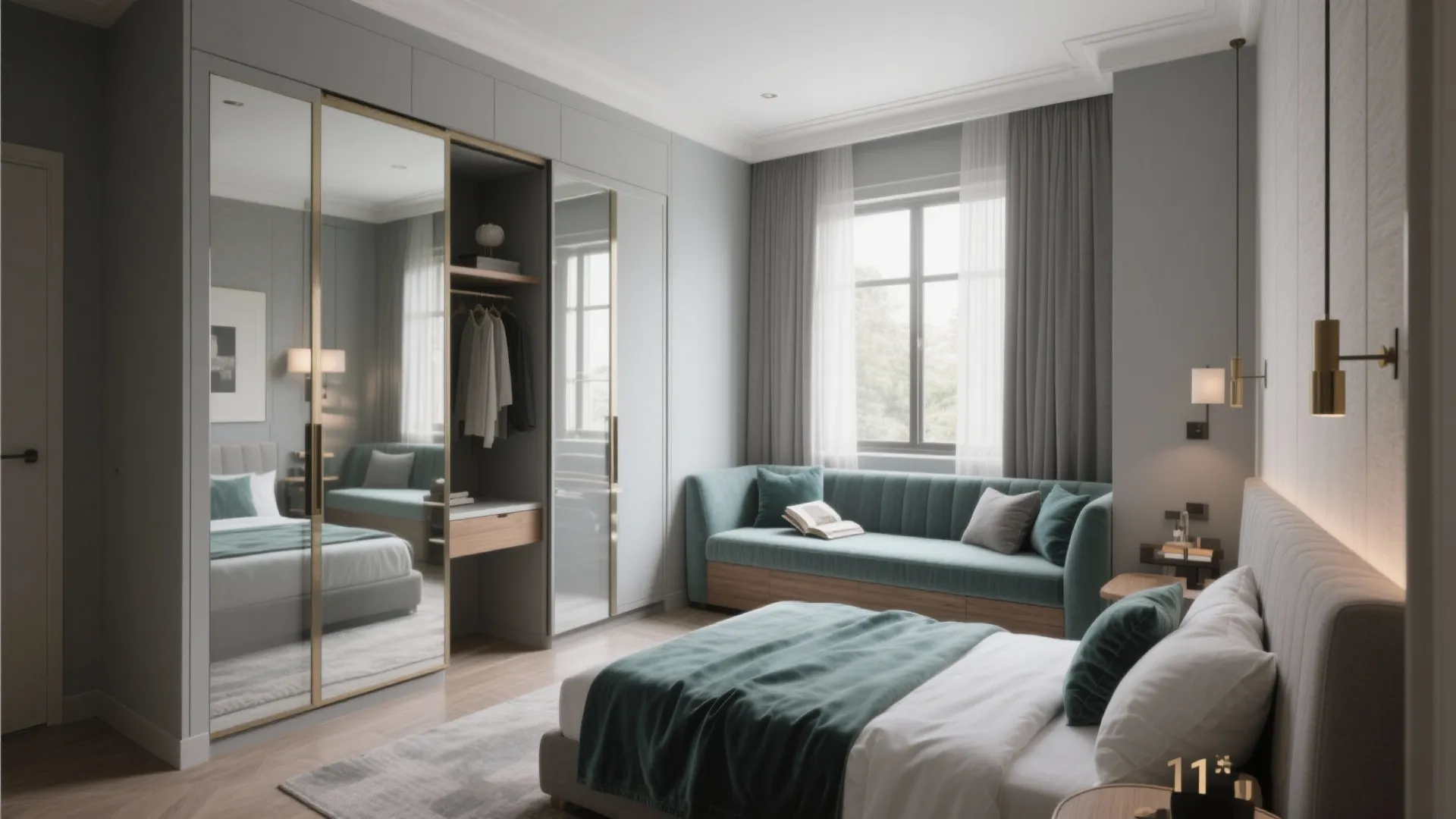 Grey bedroom featuring a large wardrobe with glass doors plus a green sofa by window
