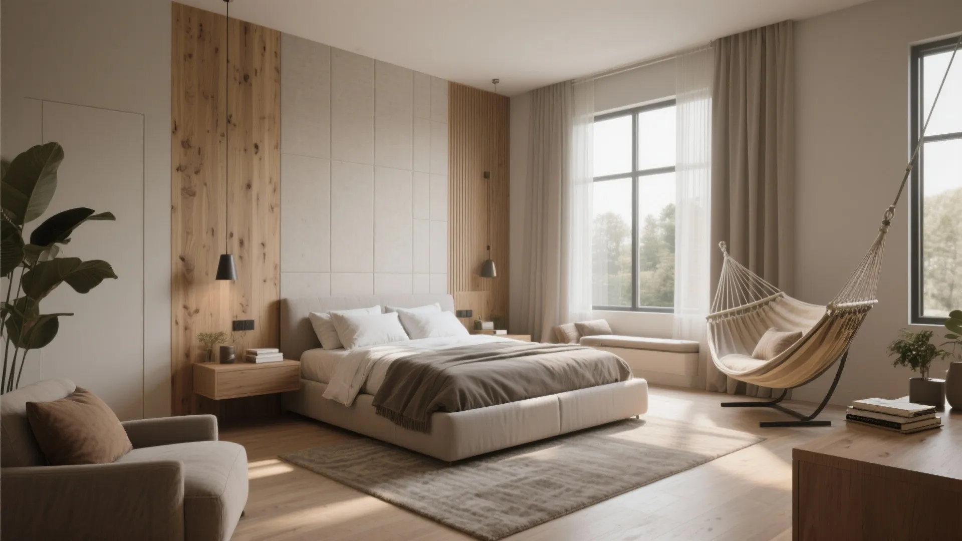 Large bedroom with bed, beige armchair, indoor hammock, grey rug, wooden wall panels and window