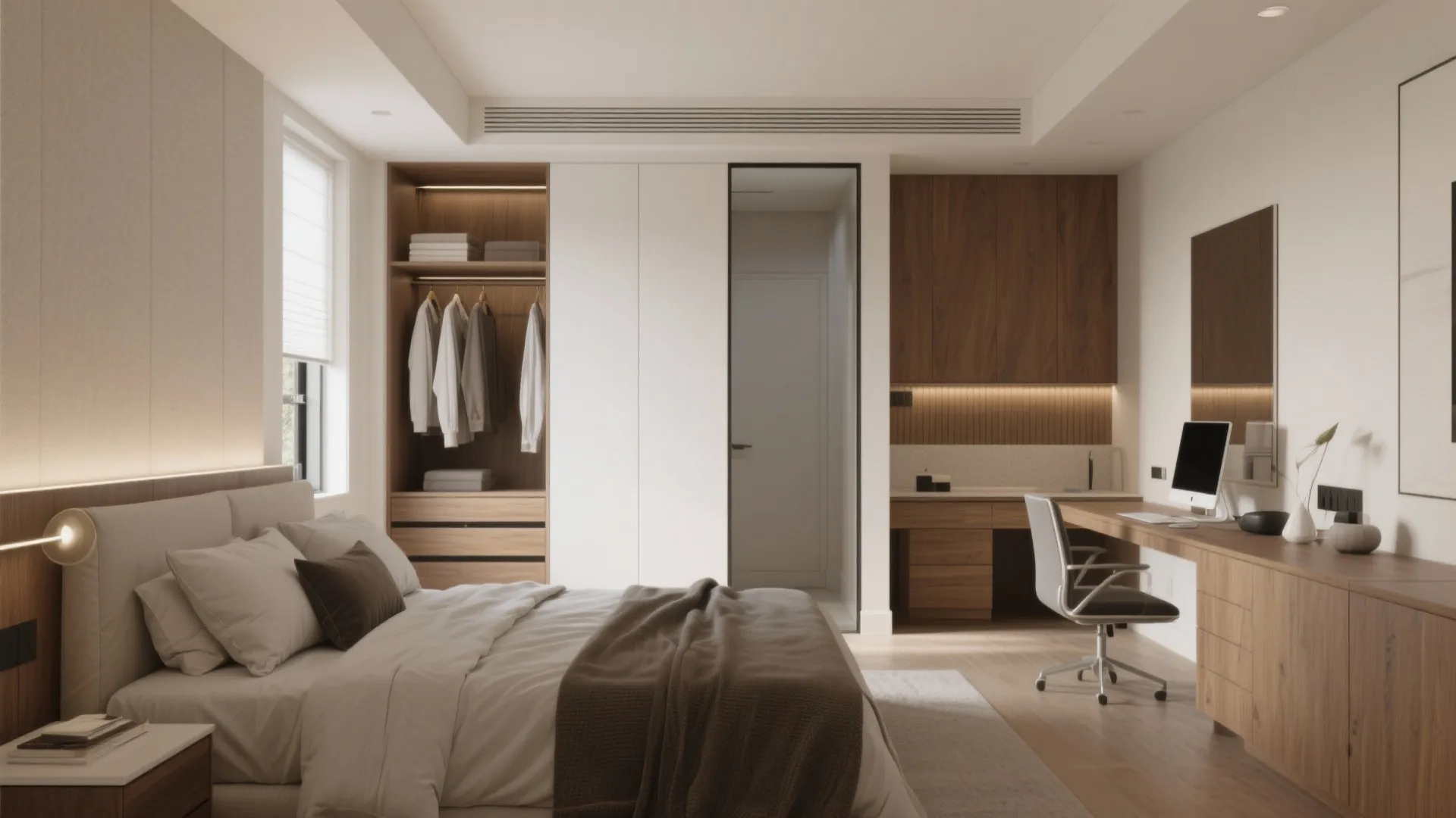 Modern bedroom with large bed wooden desk computer chair and built in wardrobe with clothes