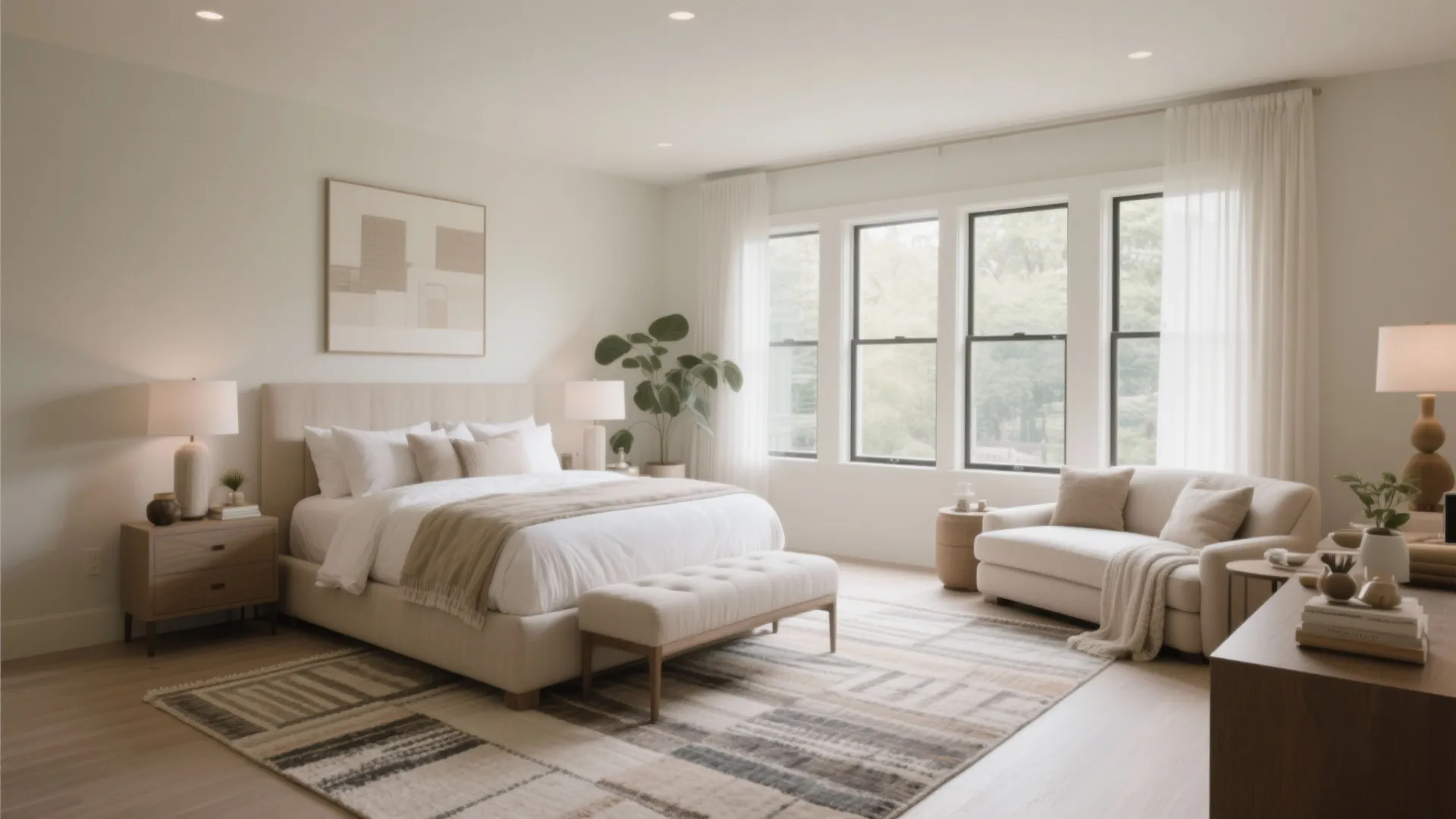 Spacious beige bedroom with large windows white curtains comfortable sofa bed and a patterned rug