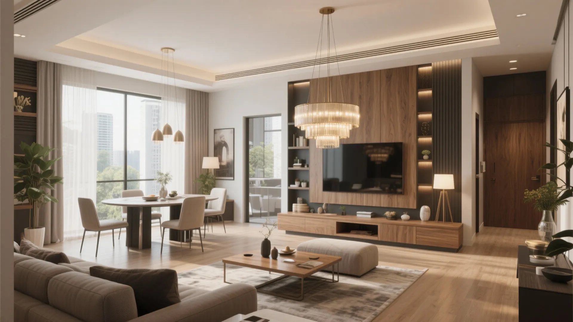 Modern luxury living room with wood wall panel large ceiling light grey sofa and dining area
