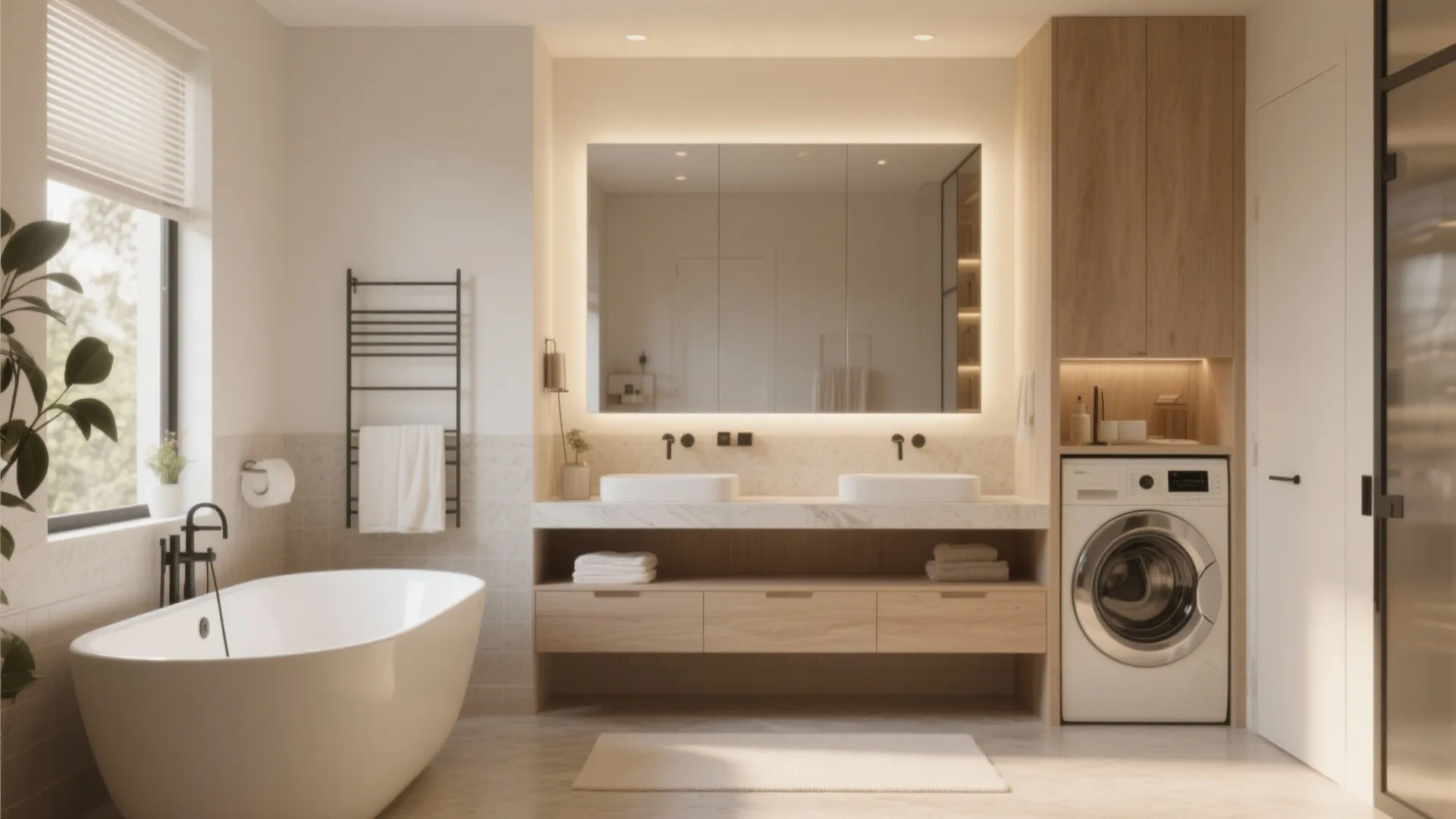 Modern bathroom with white bathtub double sink vanity large mirror wooden cabinet and washing machine