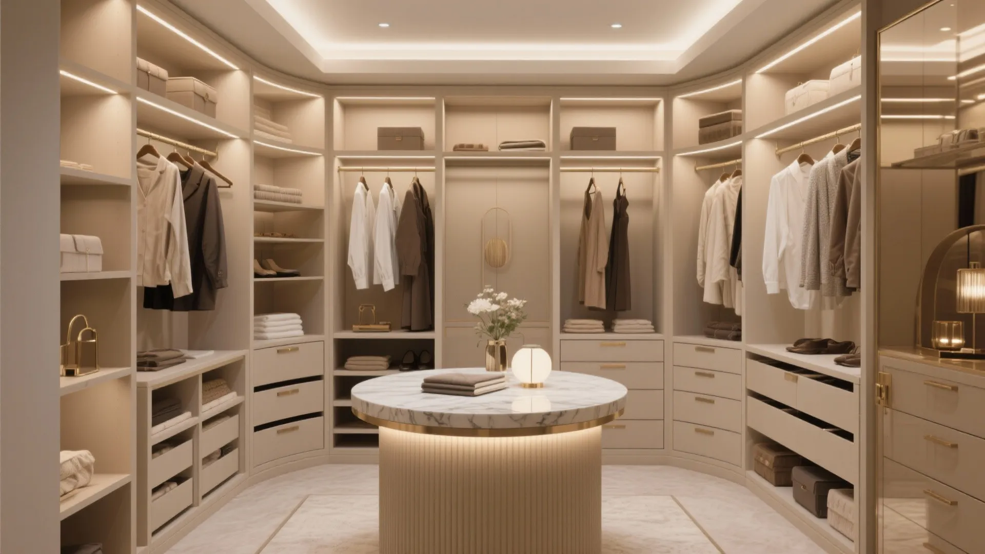 Luxury walk in closet with cream cabinets warm lighting central marble table and organized hanging clothes