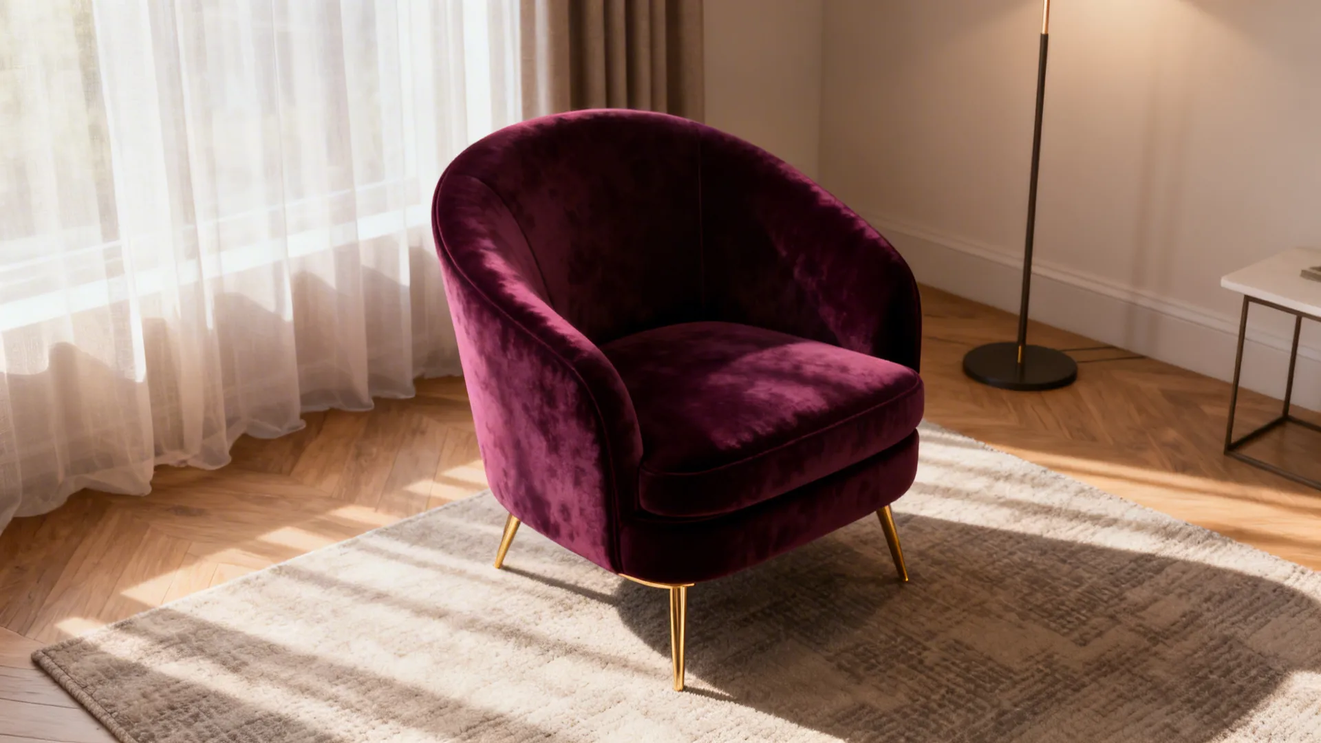 Purple velvet chair with gold legs on rug near window with curtains and wood floor