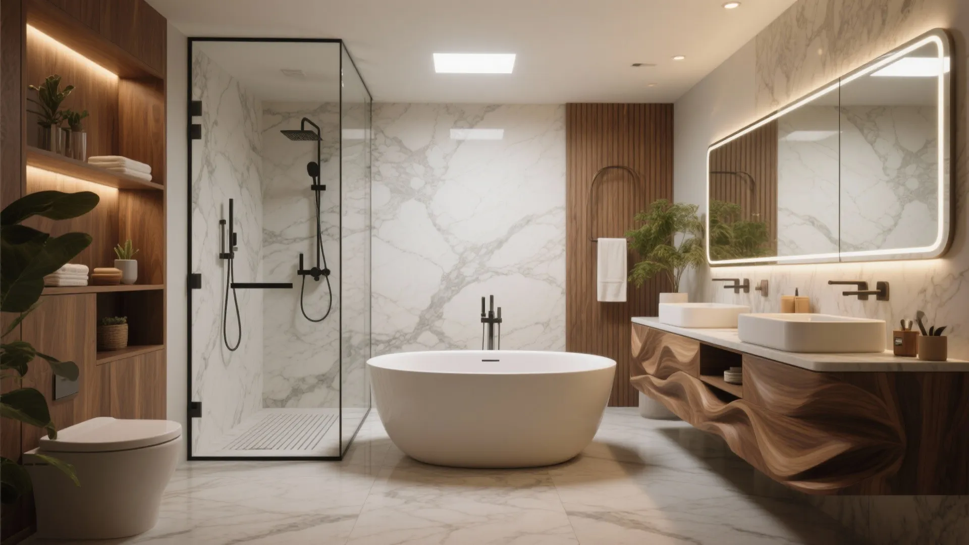 Luxury bathroom with round white bathtub glass shower marble walls wooden cabinet and large illuminated mirror