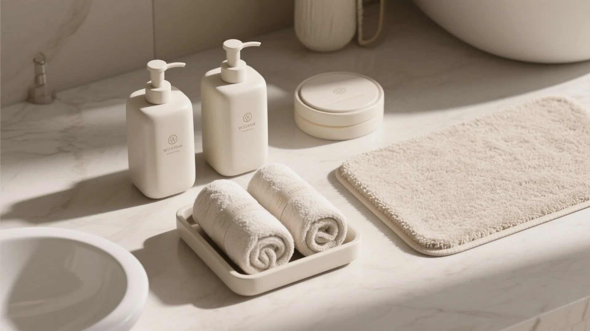 Elegant bathroom counter with beige soap bottles rolled towels small rug and white marble surface