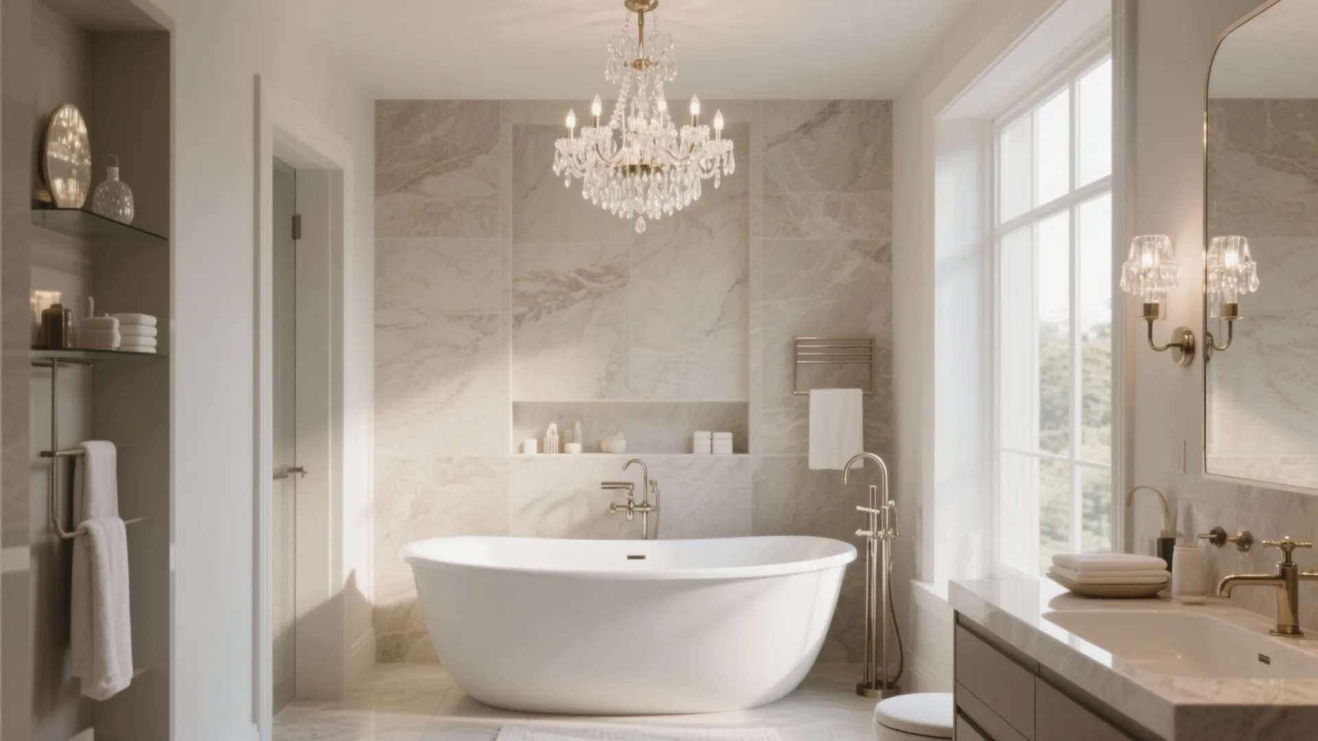 Luxury bathroom featuring a white tub, marble walls, crystal ceiling light, wall light, and window