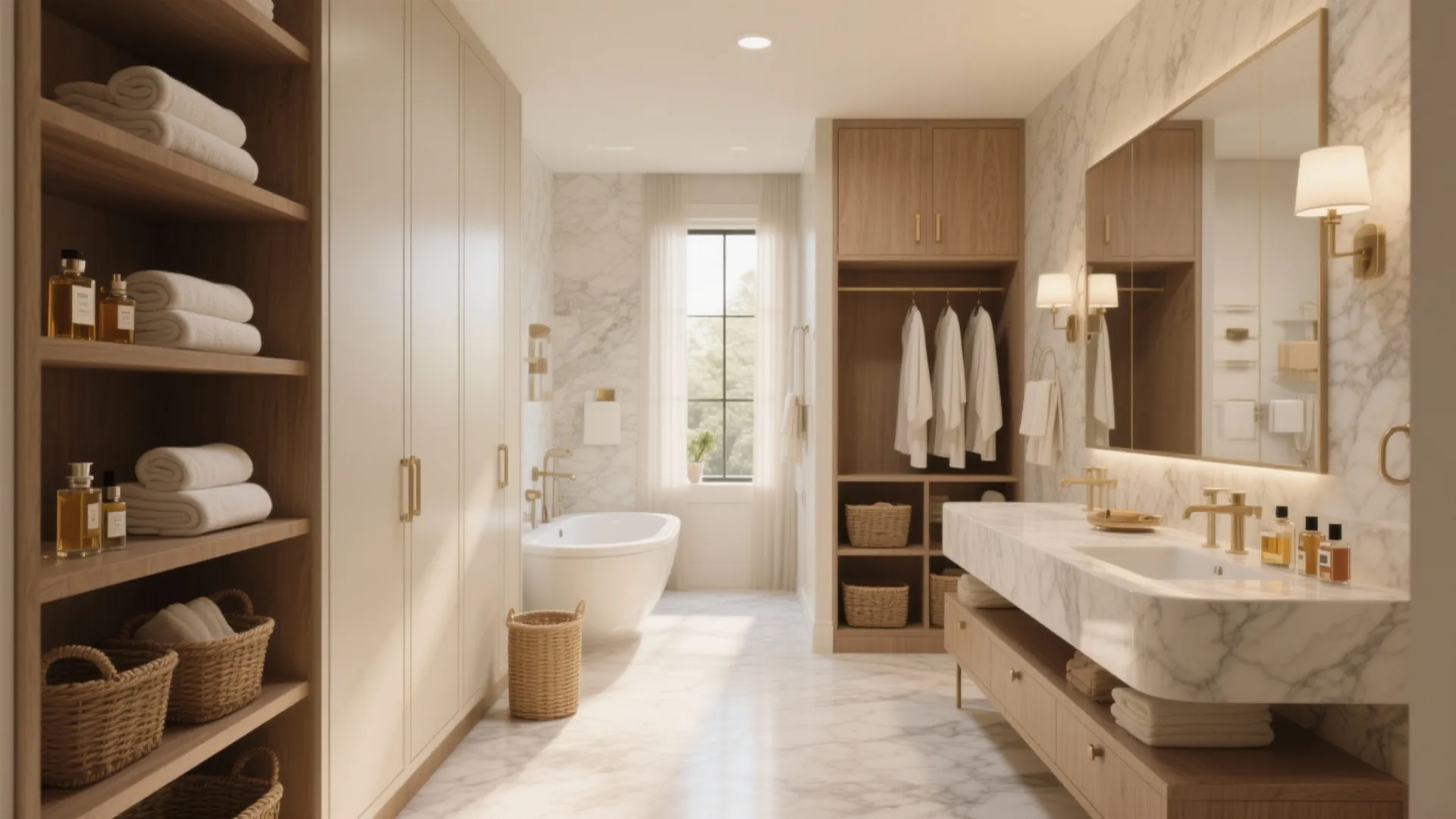 Luxury master bathroom featuring a marble double sink vanity large mirrors bathtub and wood storage cabinets