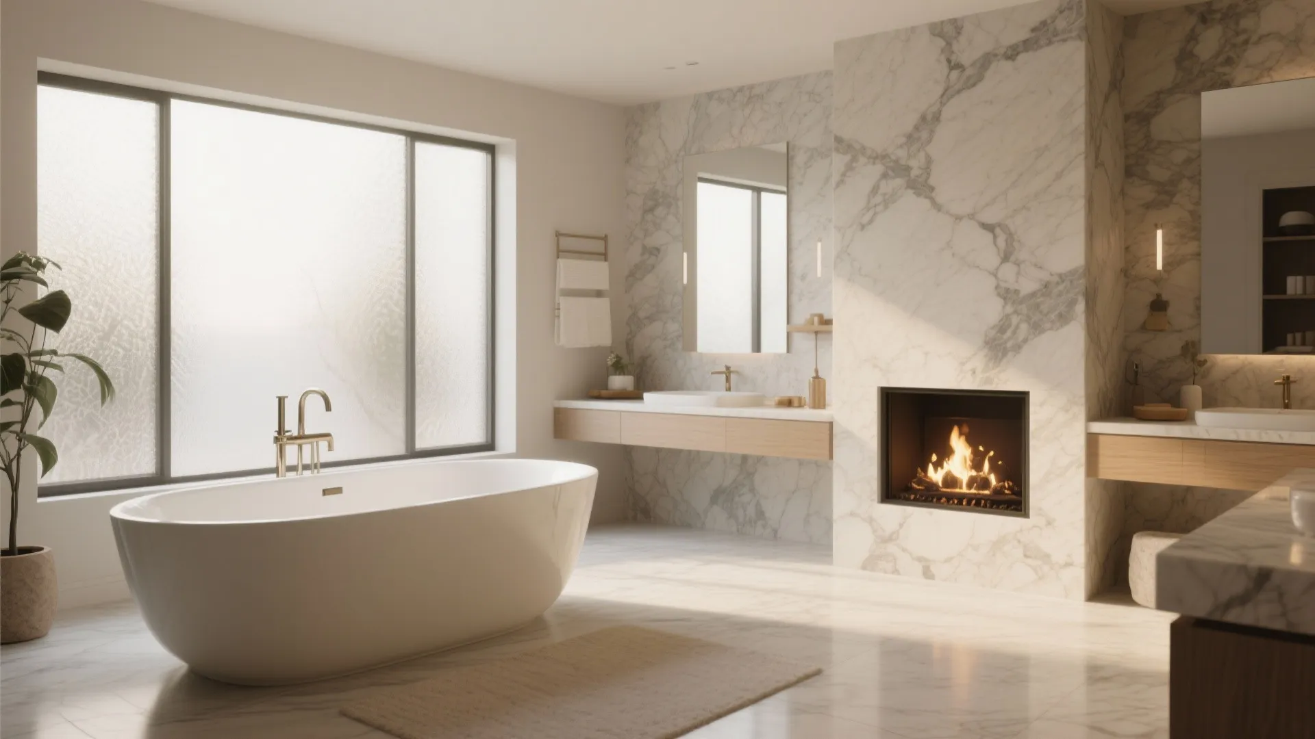 Bright luxury bathroom with marble wall tiles white bathtub fireplace wooden cabinet and a large window