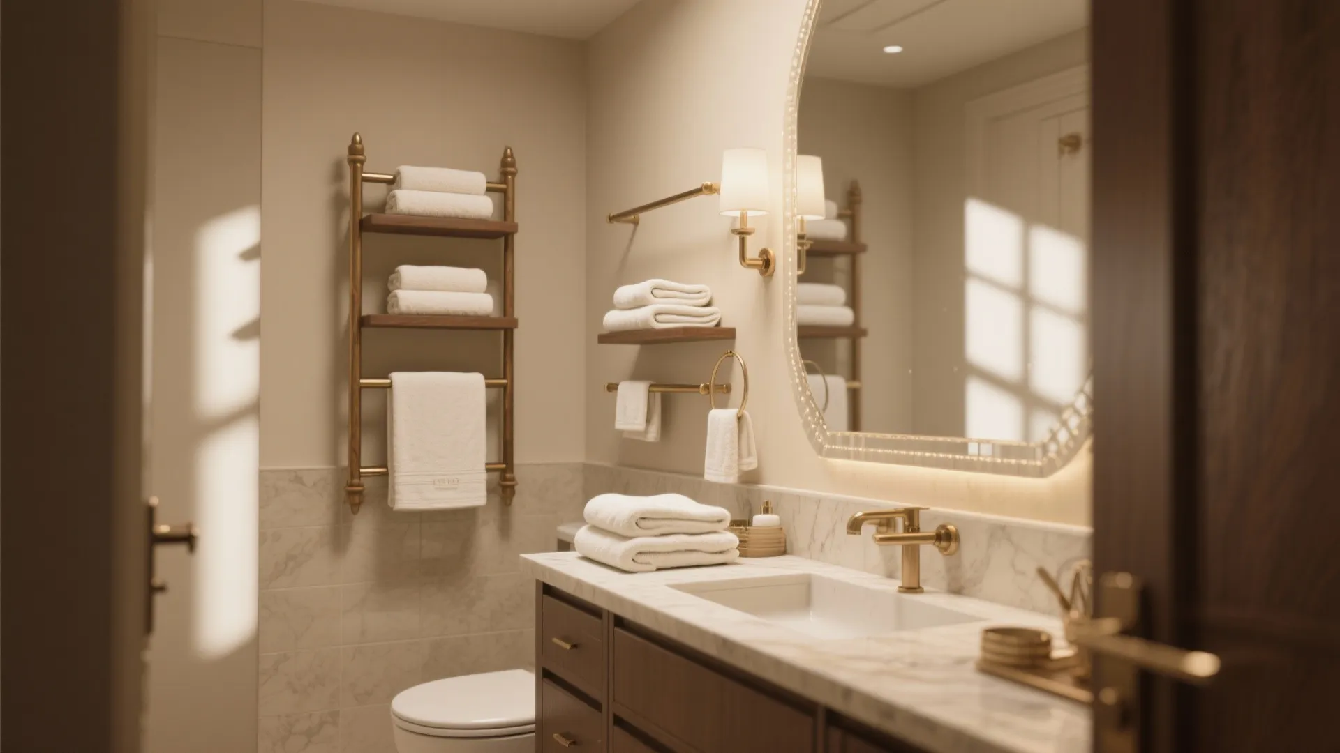 Elegant bathroom featuring white marble tiles gold fixtures wooden cabinet mirror and several folded towels