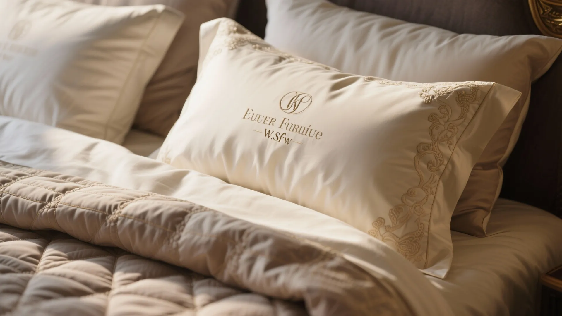 Detailed view of luxurious European bedding with fine embroidery