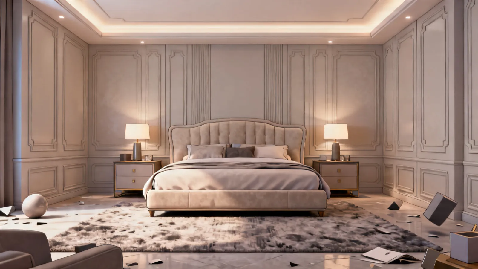Complete luxury master bedroom with soft lighting elegant furniture and calm palette