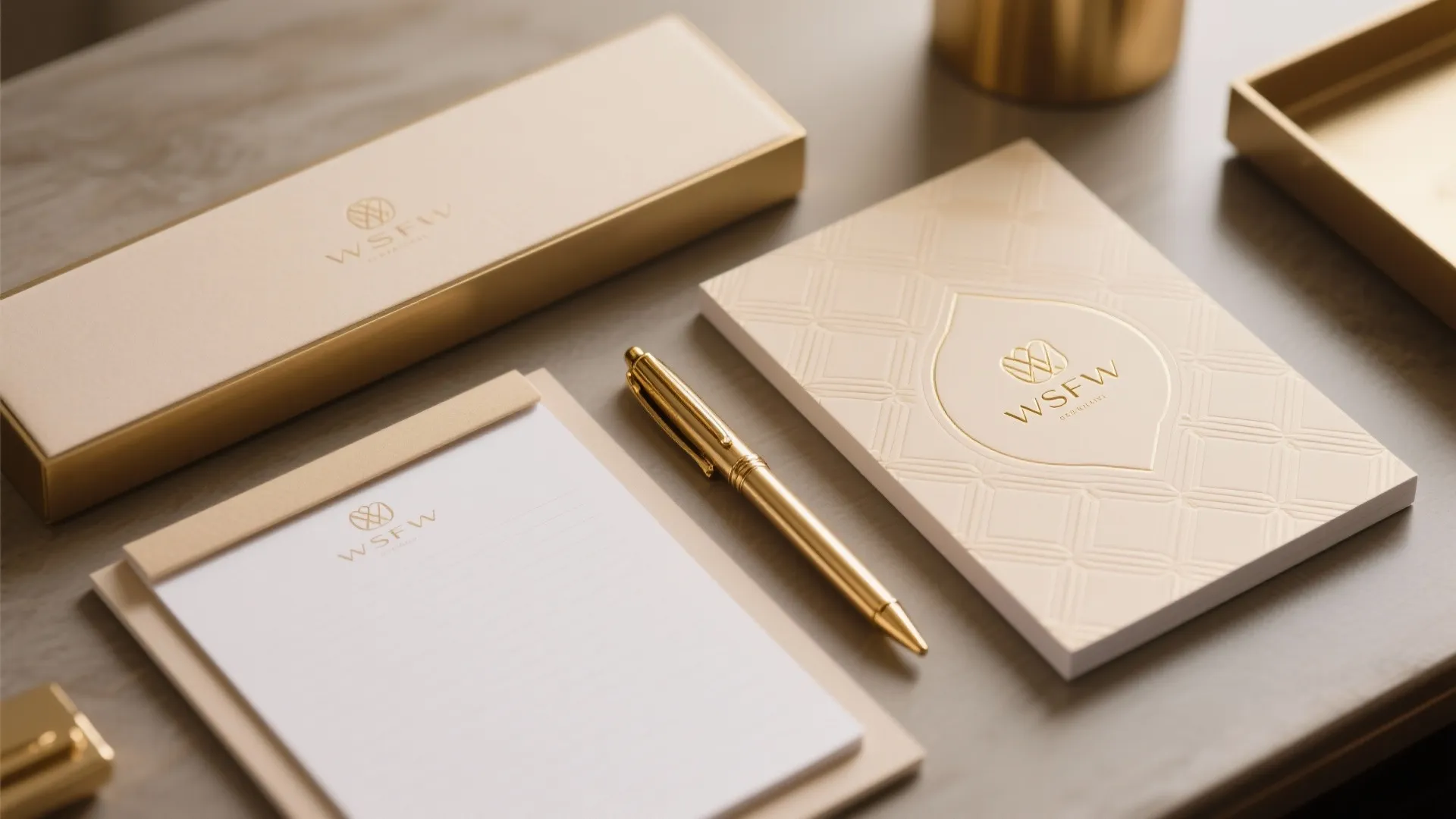 Elegant gold pen next to a branded notepad and stationery box on a wooden desk
