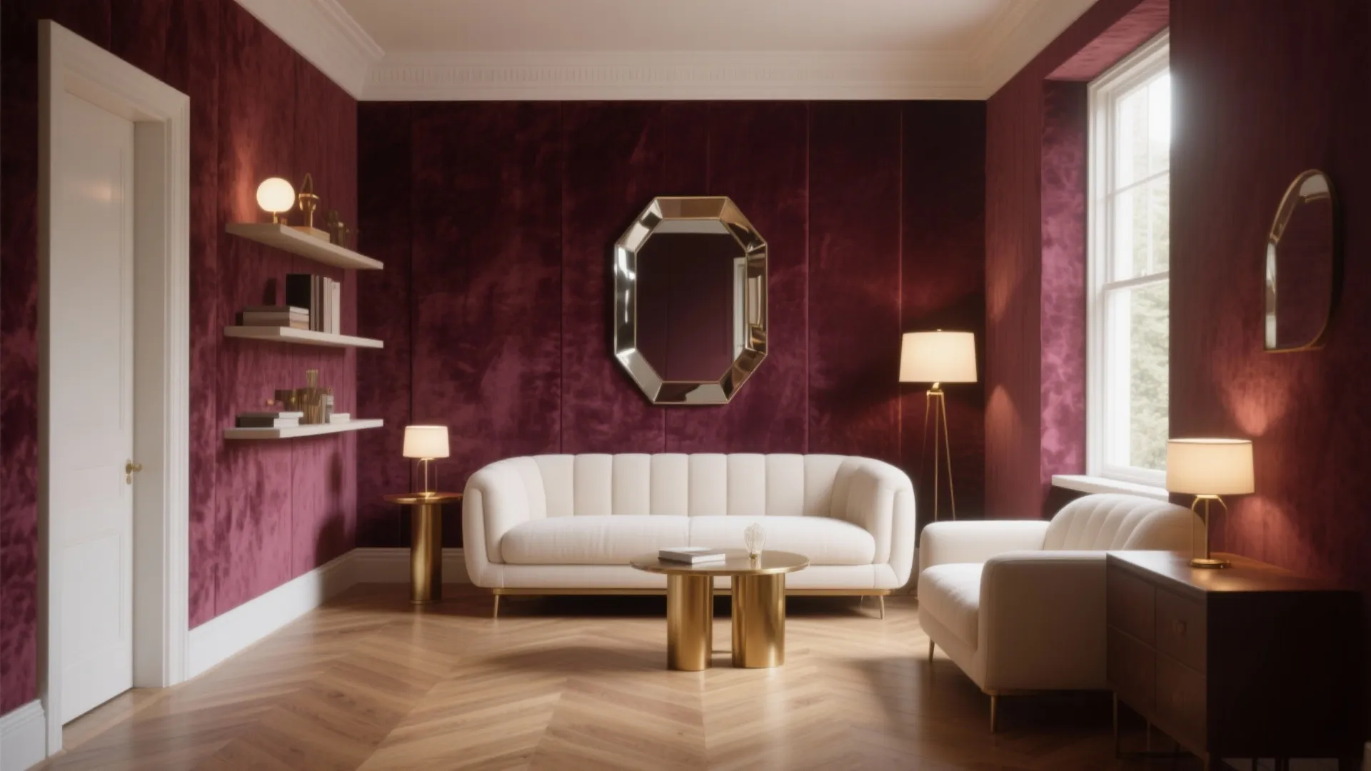 Luxury living room with burgundy wall panel white sofa gold coffee table and wood floor