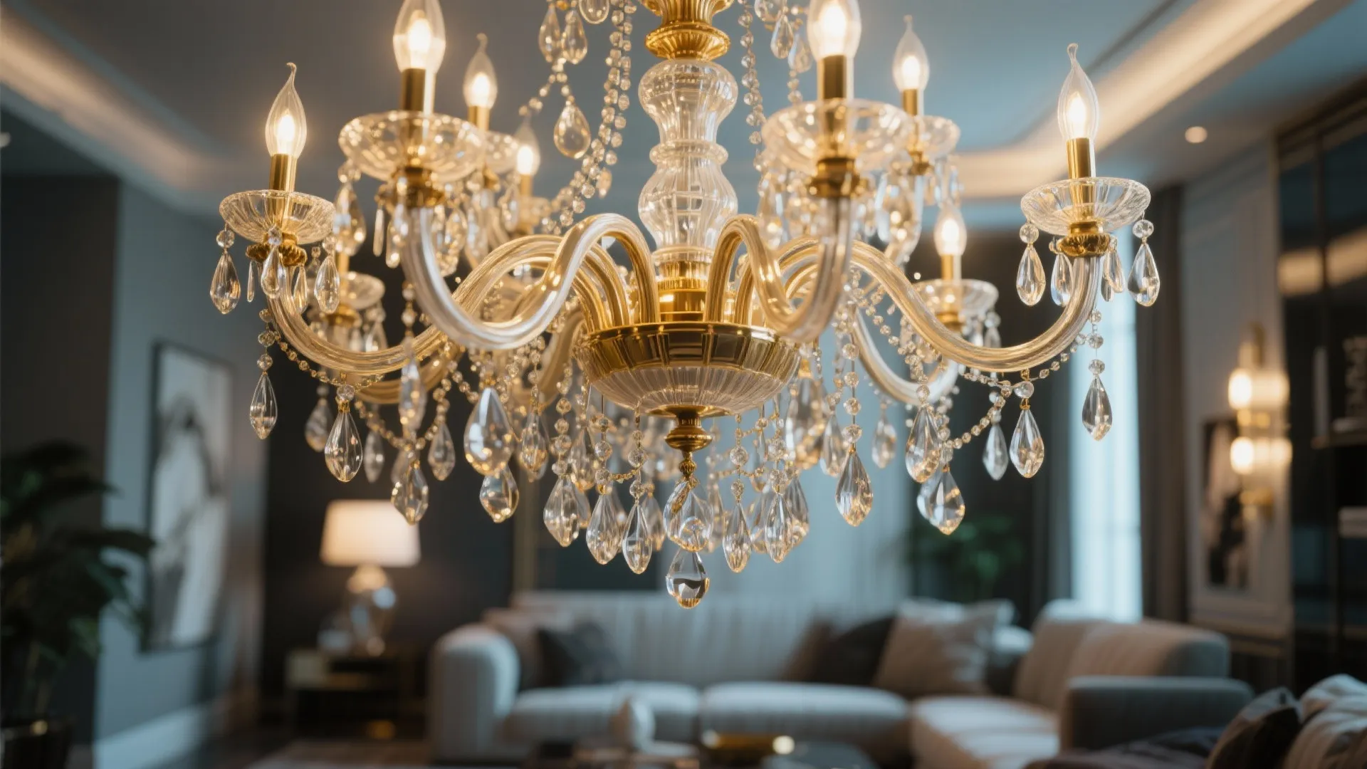 Elegant gold ceiling light with glass crystals hanging above a cozy living room sofa area