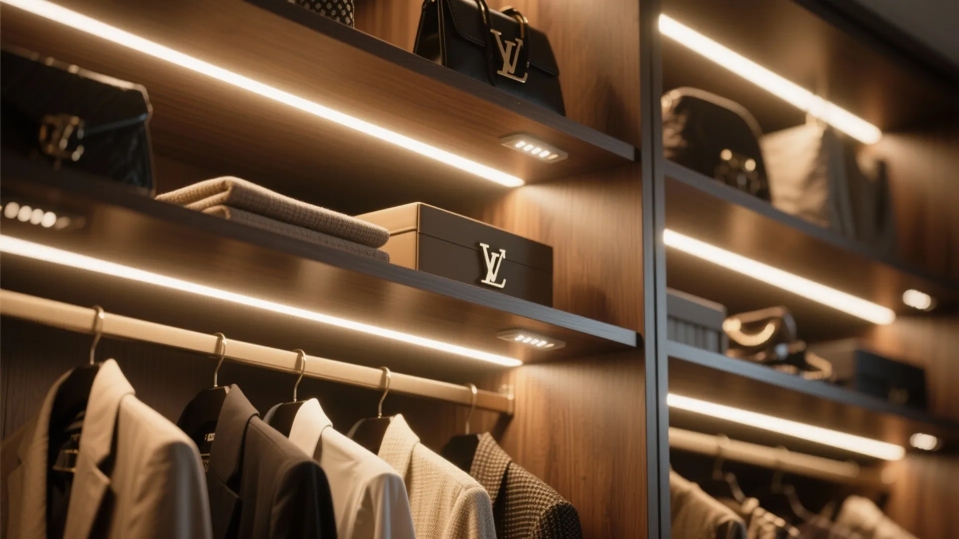 Modern walk-in closet with wooden shelves integrated light fixtures luxury bags and hung business clothes