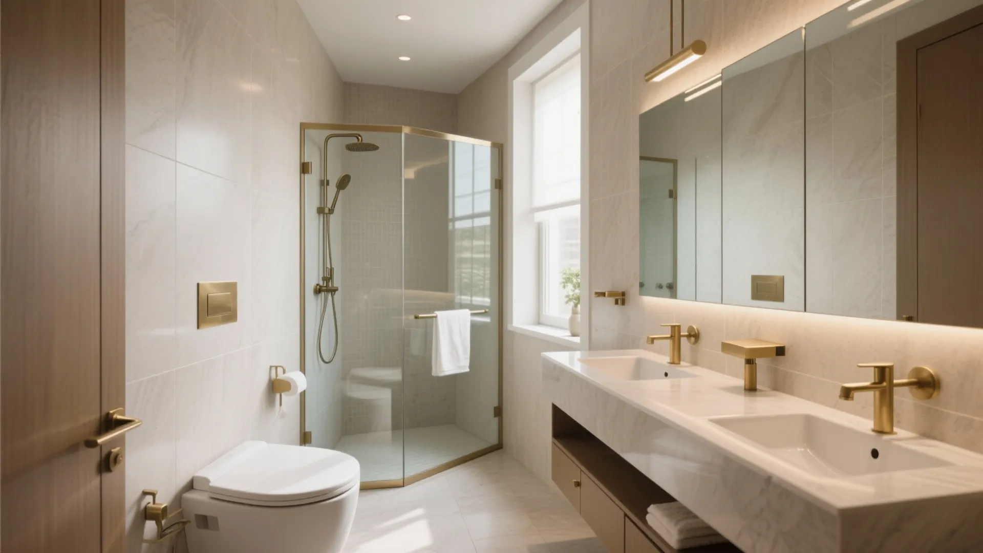 Modern luxury bathroom with gold faucets white double sink toilet glass shower and marble walls