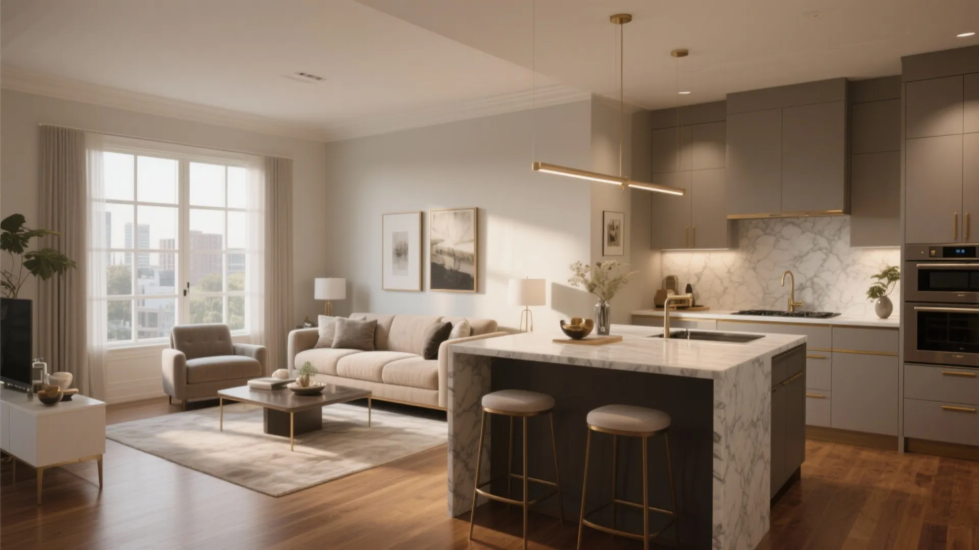 Modern open plan living room and kitchen with grey cabinets marble island and wood floors