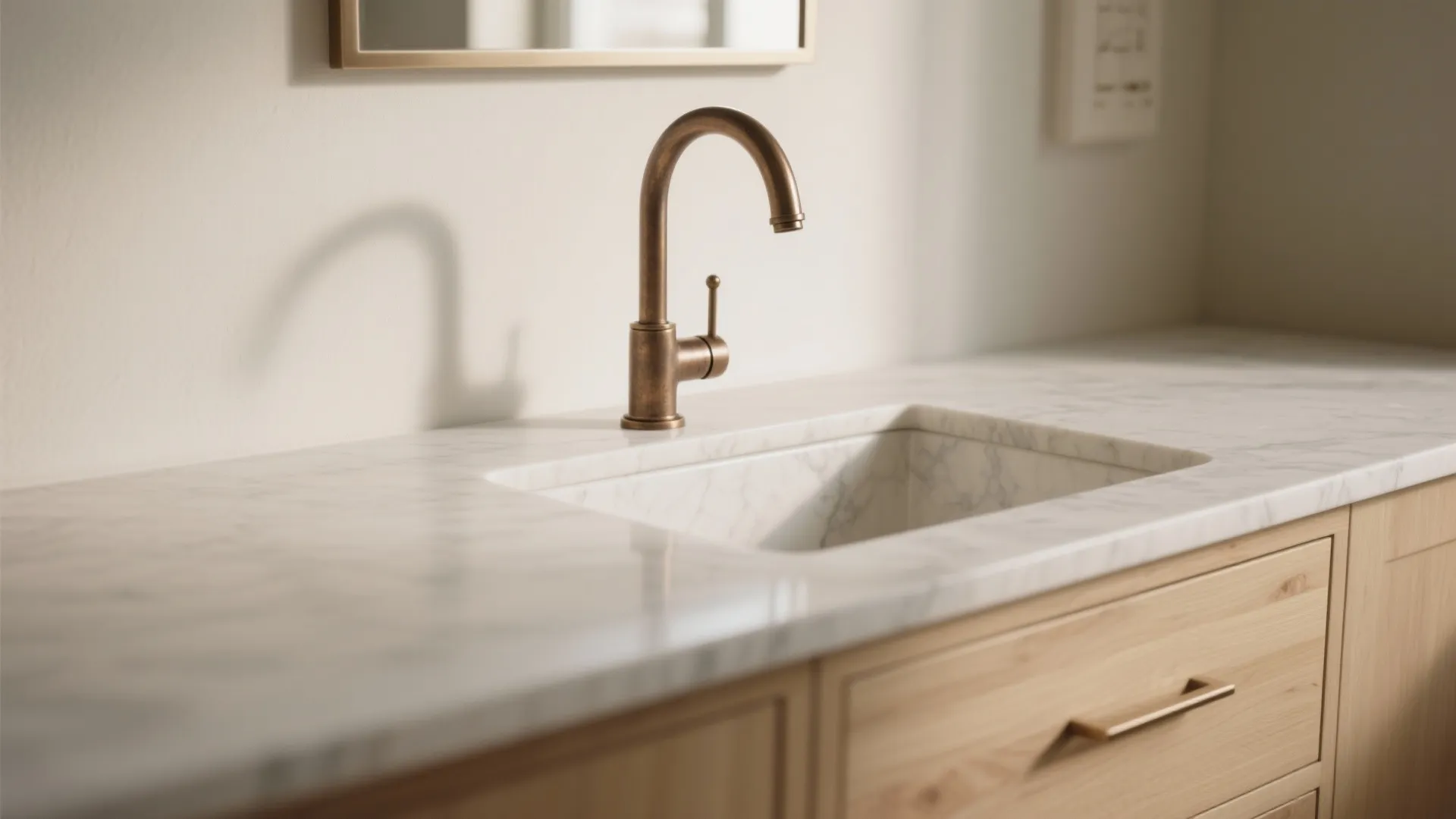 Modern marble countertop with bronze water faucet white sink wooden cabinet and wall mirror interior detail