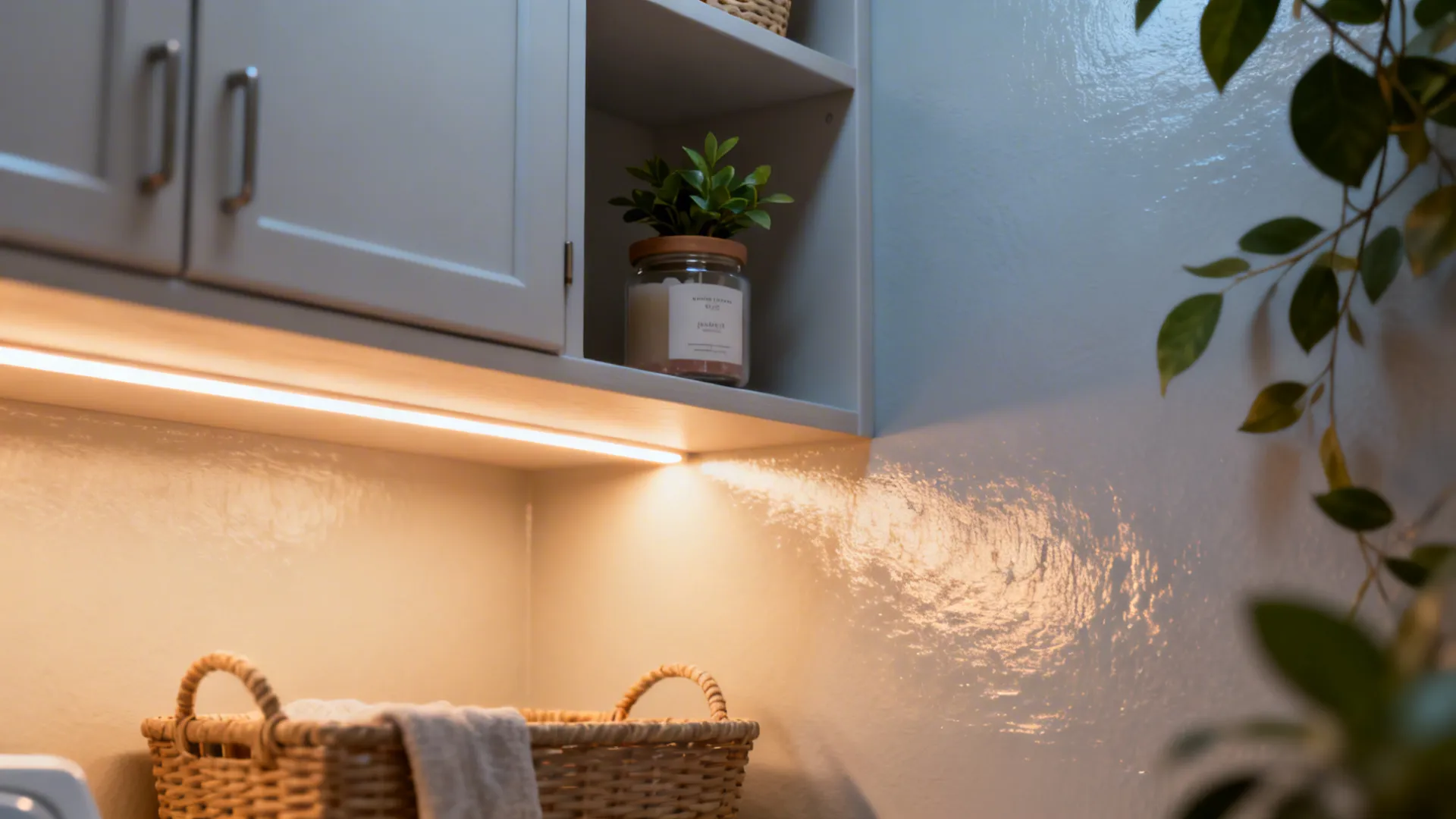 Shelf with a small plant, scented jar, matching storage baskets and soft LED strip lighting in a laundry room.