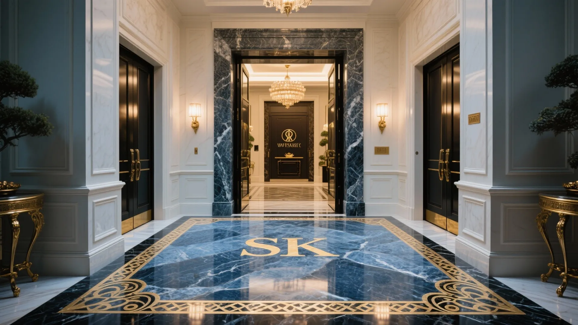 Luxury hotel entrance with blue marble floors white walls black doors and a large ceiling light