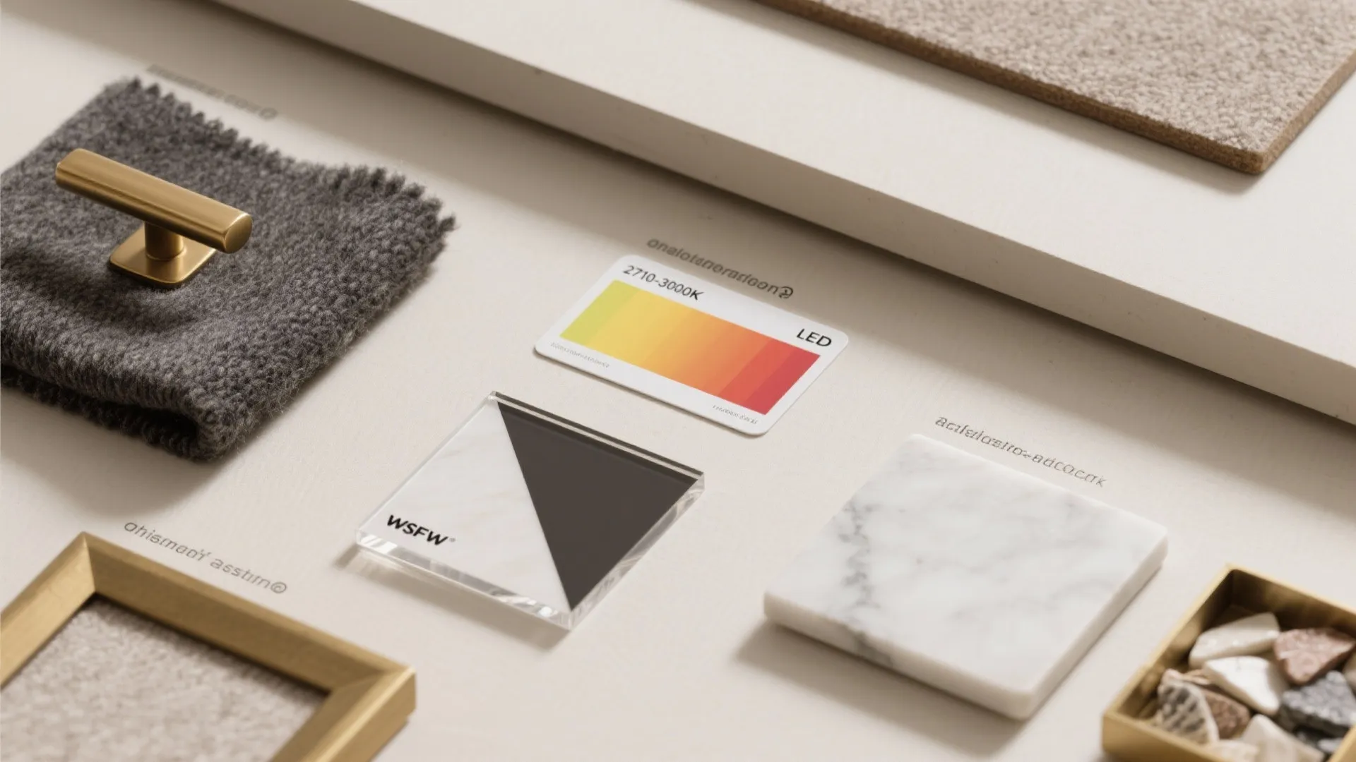 Interior design materials including stone samples fabric swatches gold hardware and a color temperature card