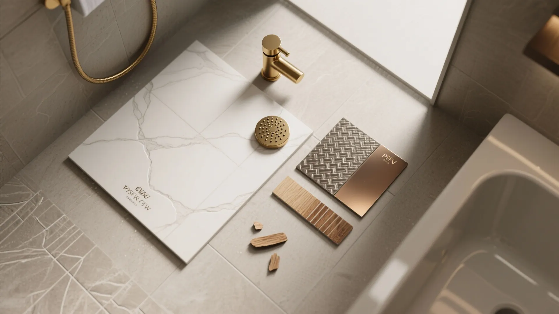 Collection of interior design material samples with marble tiles wood pieces and gold metal water tap