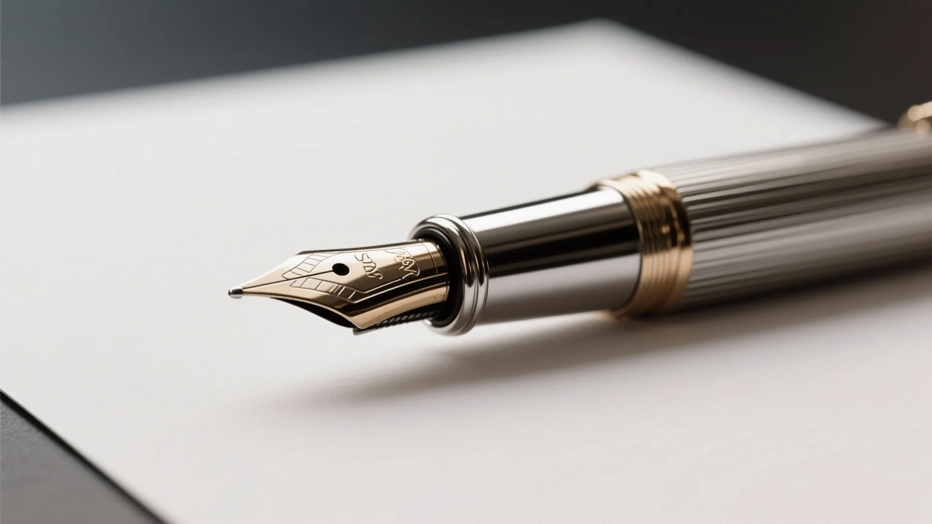Silver and gold pen with sharp metal tip resting on clean white paper on desk