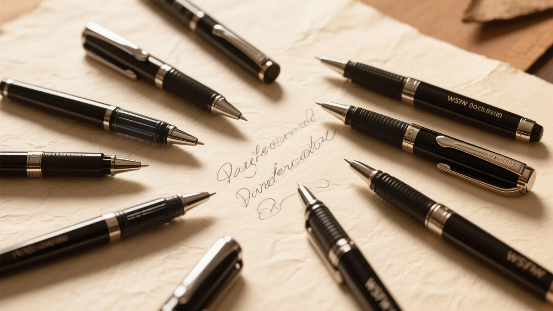 Several black and silver pens arranged in a circle on vintage paper with cursive handwriting