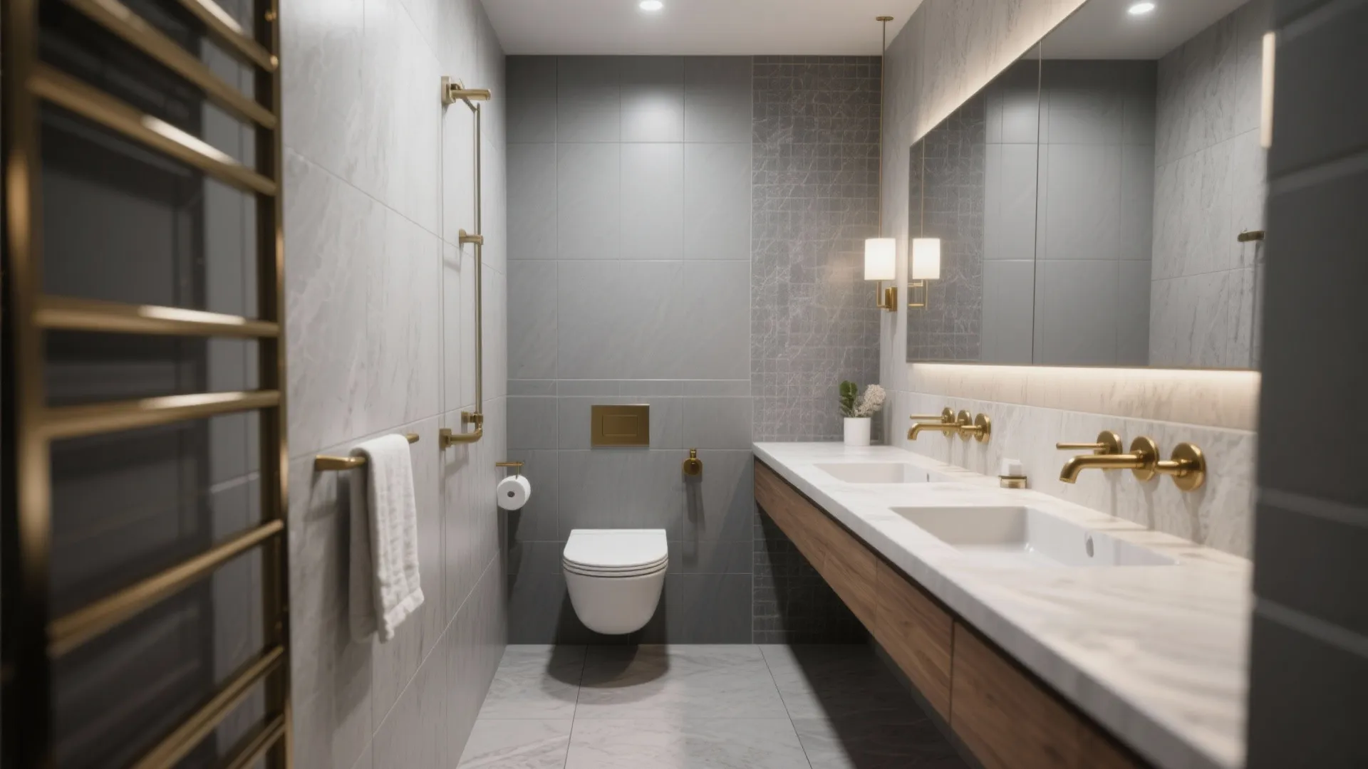 Luxury grey bathroom with two white sinks wood cabinet gold wall lights and large mirror