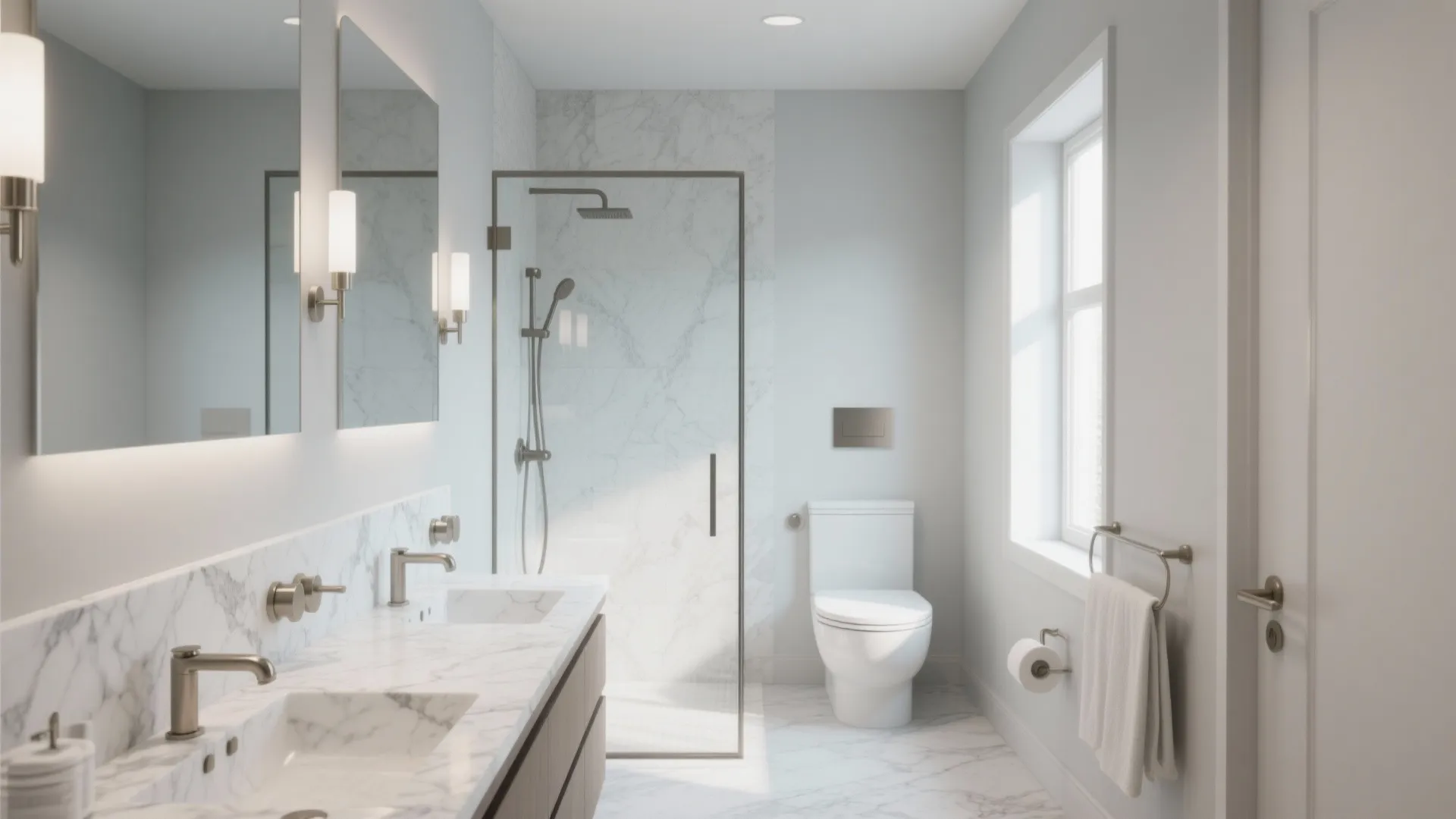 Modern white bathroom with double sink cabinet glass shower door toilet and white marble wall tiles