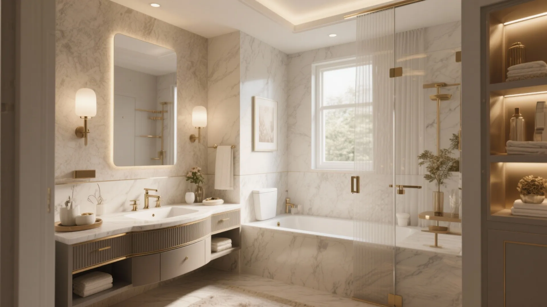 Luxury marble bathroom featuring a double vanity sink, white bathtub, glass shower, and warm lighting