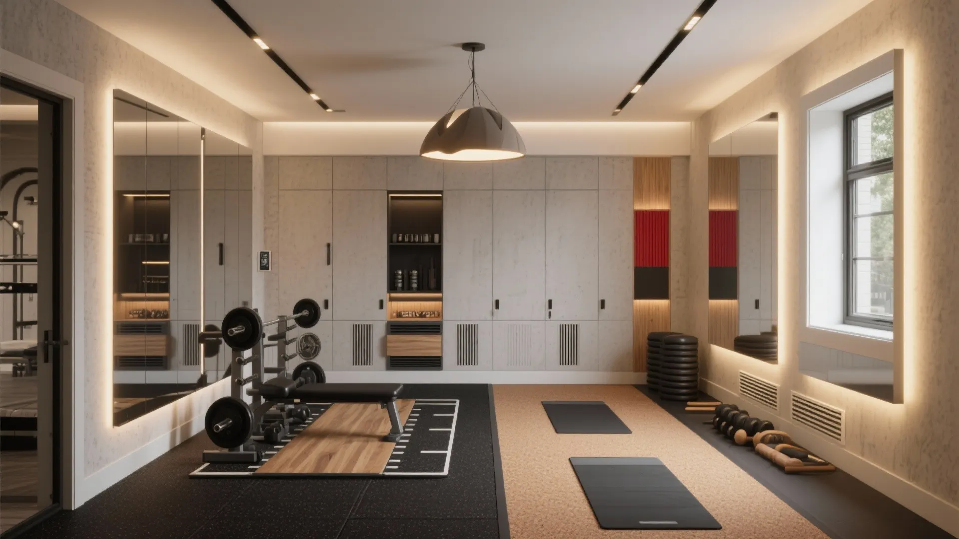 Modern home gym with workout bench, weights, large mirrors, built-in cabinets, and a ceiling light
