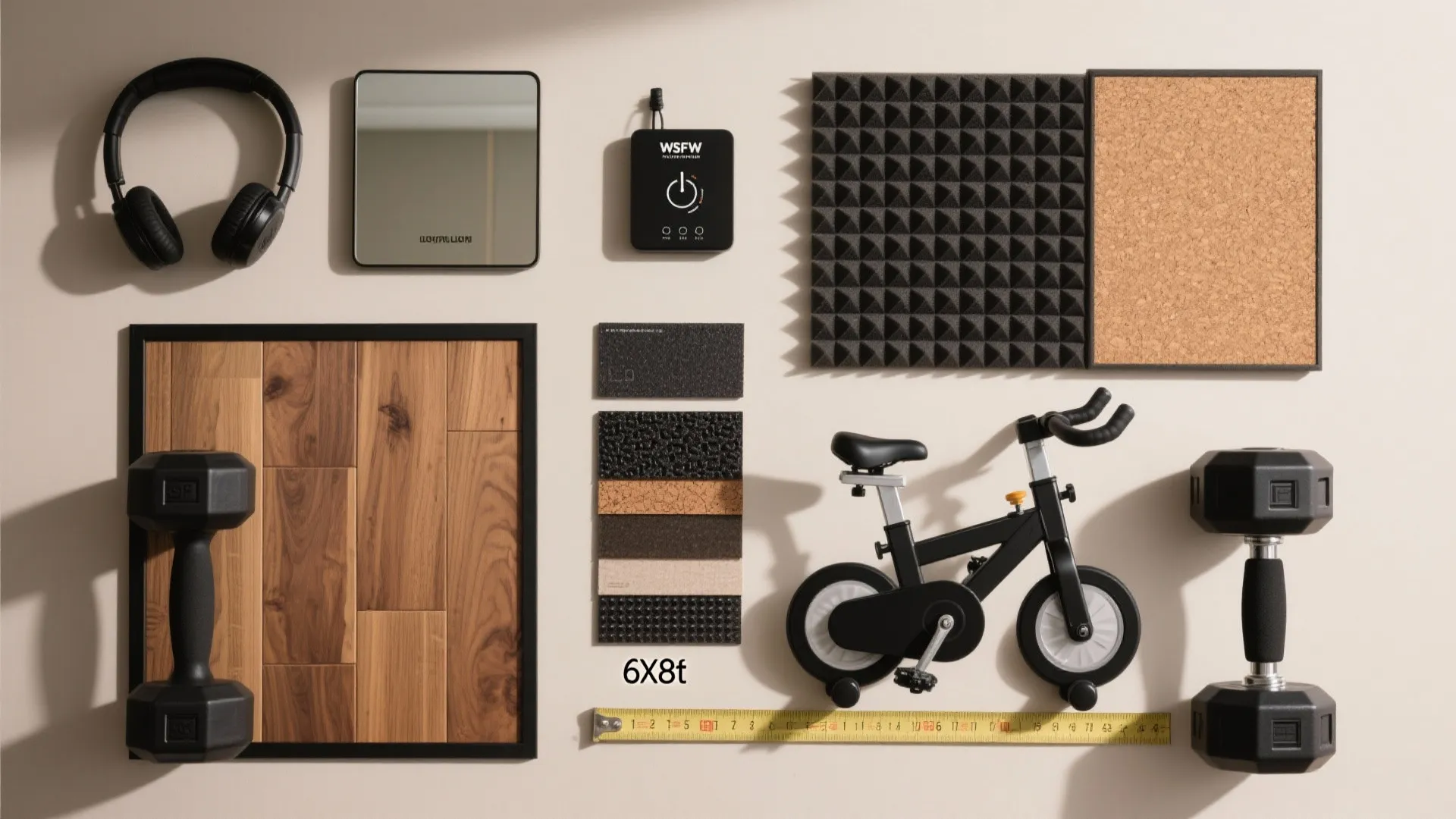 Flat lay of gym materials showing wood flooring samples headphones dumbbells exercise bike and wall panels