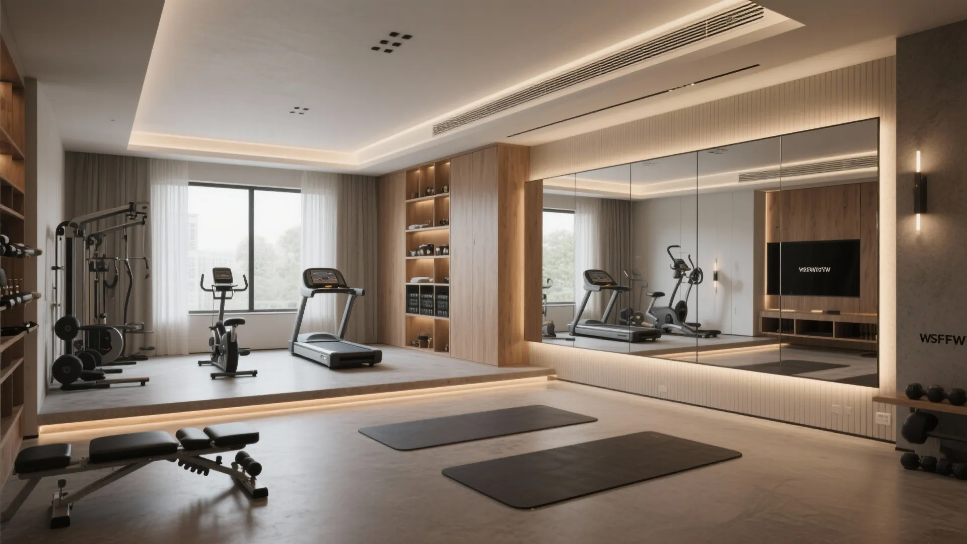 Modern home gym with treadmill, exercise bike, yoga mats, wooden wall storage, and large mirrors