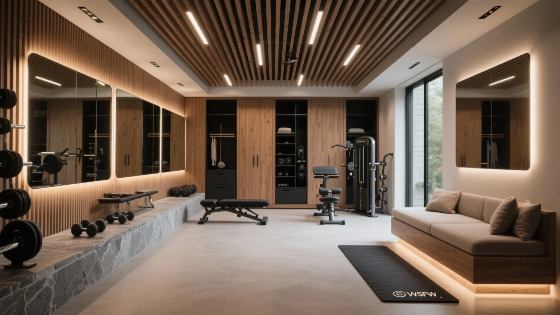 Luxury home gym with wood slat ceiling gym equipment grey sofa mirrors and warm light fixtures