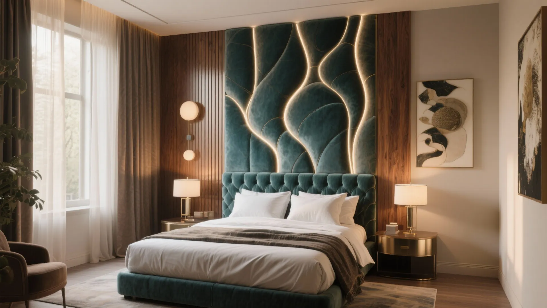 Bedroom featuring a green velvet wall panel with glowing light strips and dark wood panels