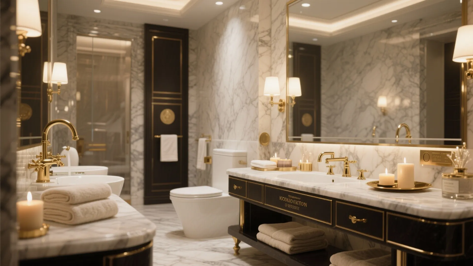 Luxury marble bathroom featuring gold faucets black cabinet white toilet wall light and burning candles